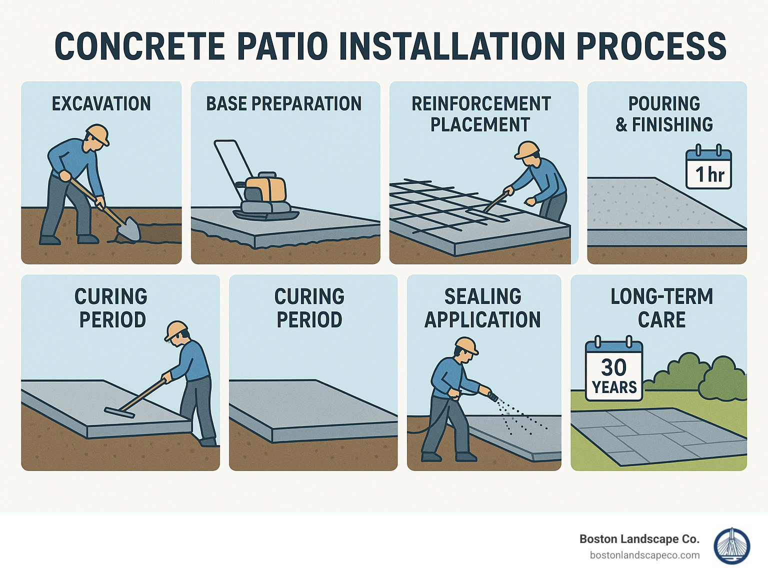 Infographic showing concrete patio installation process from excavation through 30-year maintenance cycle, including key milestones like base preparation, reinforcement placement, pouring and finishing, curing period, sealing application, and long-term care schedule - Concrete patio specialists infographic 
