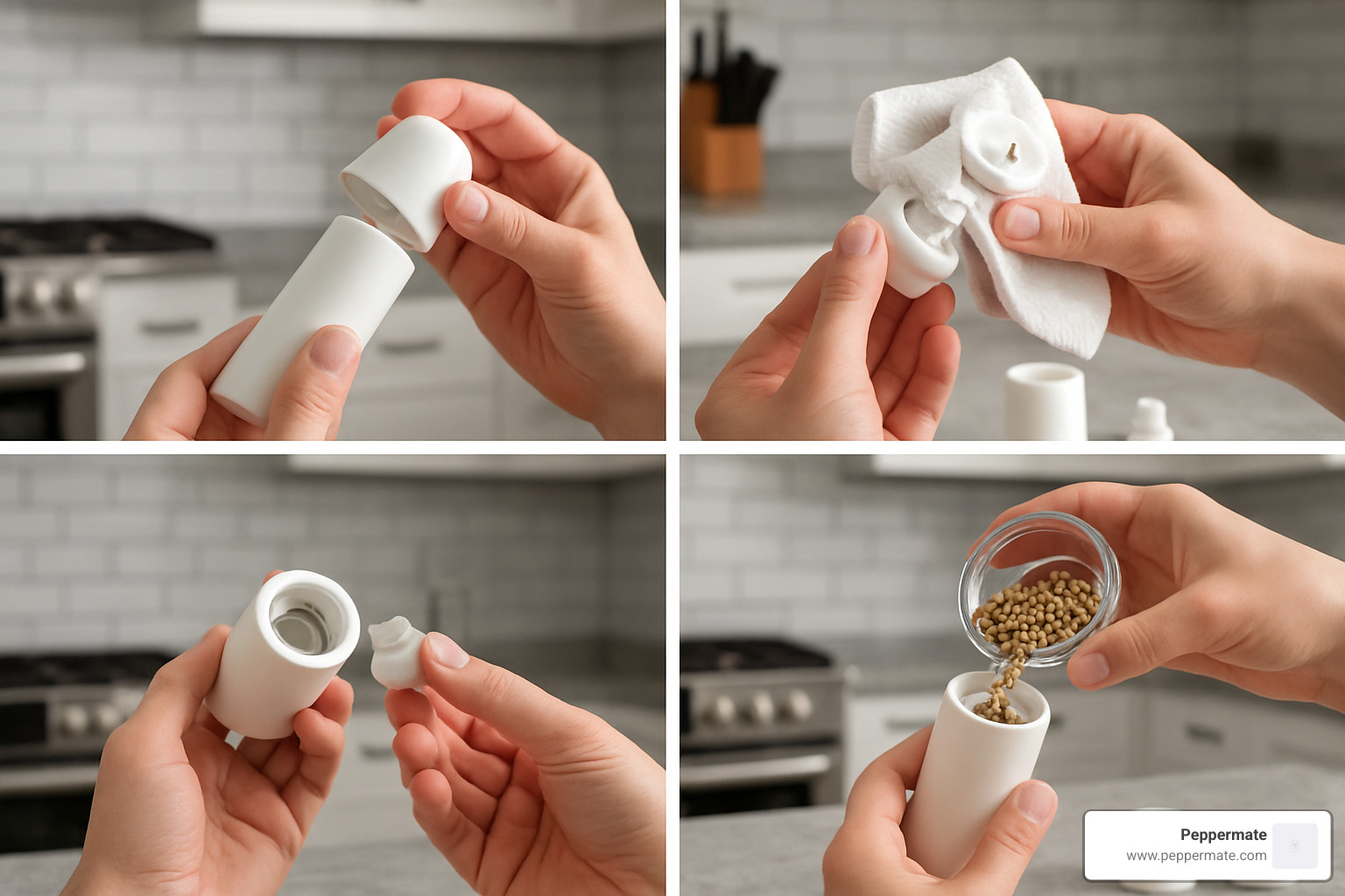 Step-by-step refill process showing disassembly, cleaning, and proper peppercorn loading technique - white peppercorn grinder