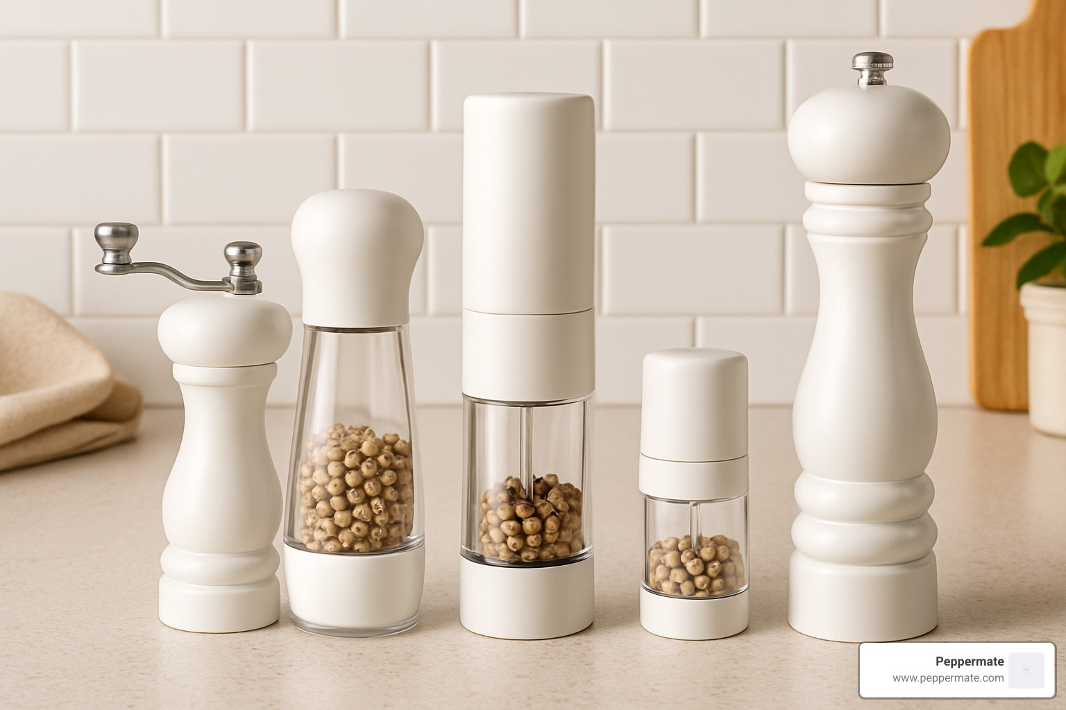 Collection showing different grinder styles including side-handle, glass body, electric, travel, and high-capacity models - white peppercorn grinder