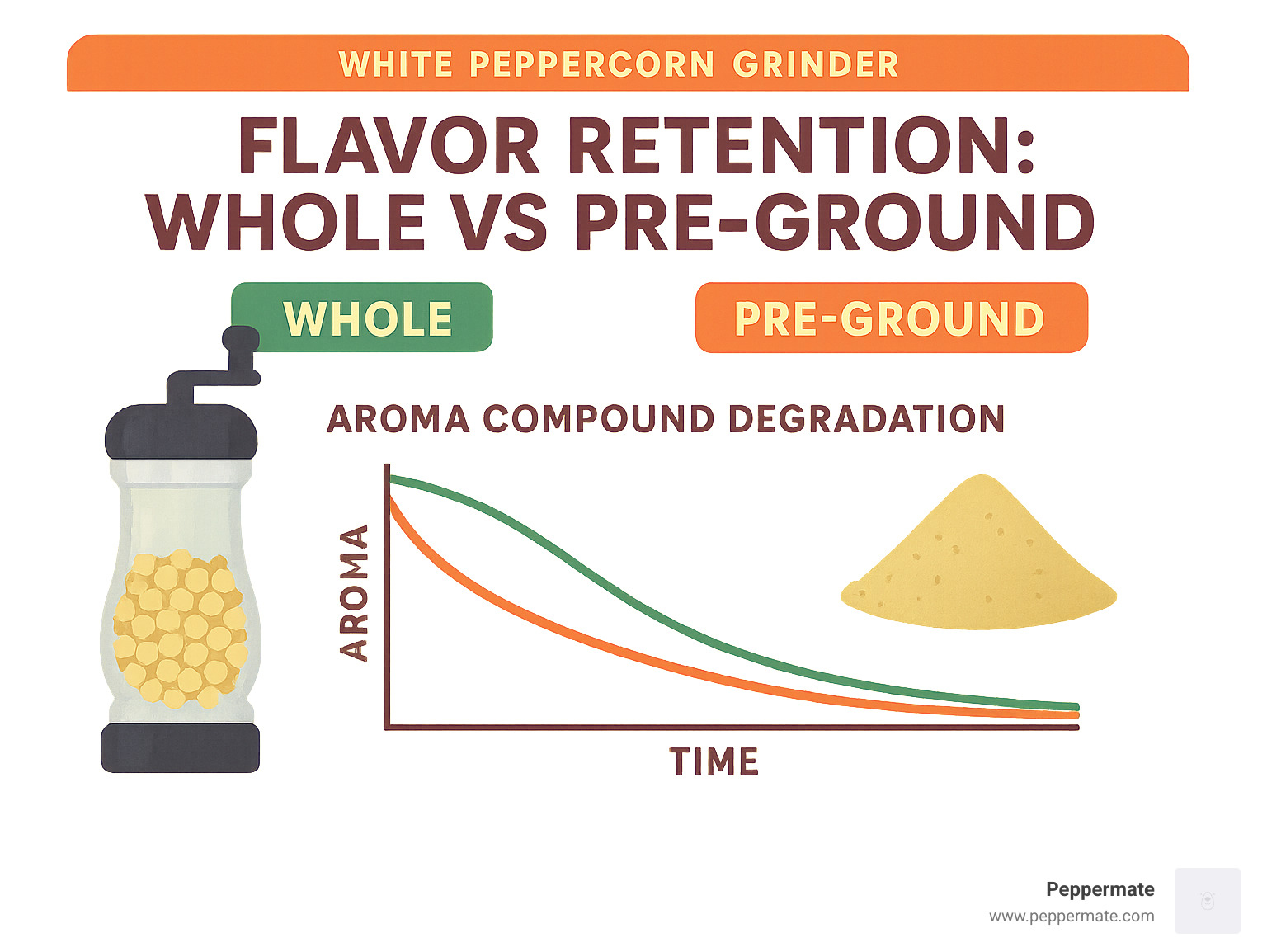 Comparison infographic showing flavor retention between whole vs pre-ground white peppercorns over time, with aroma compound degradation charts - white peppercorn grinder infographic 
