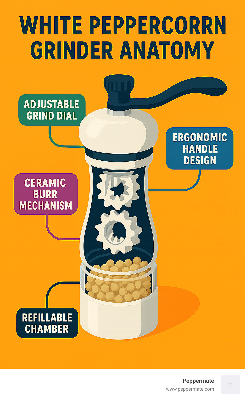 Detailed infographic showing white peppercorn grinder anatomy with labeled parts including ceramic burr mechanism, adjustable grind dial, refillable chamber, and ergonomic handle design - white peppercorn grinder infographic 