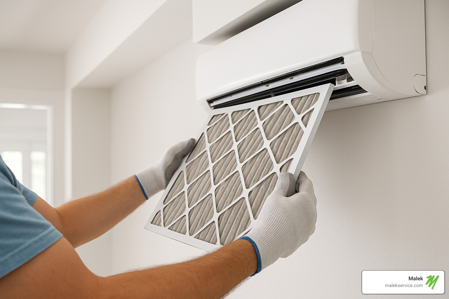 Homeowner safely changing an air conditioner filter in their home - air conditioner tune up