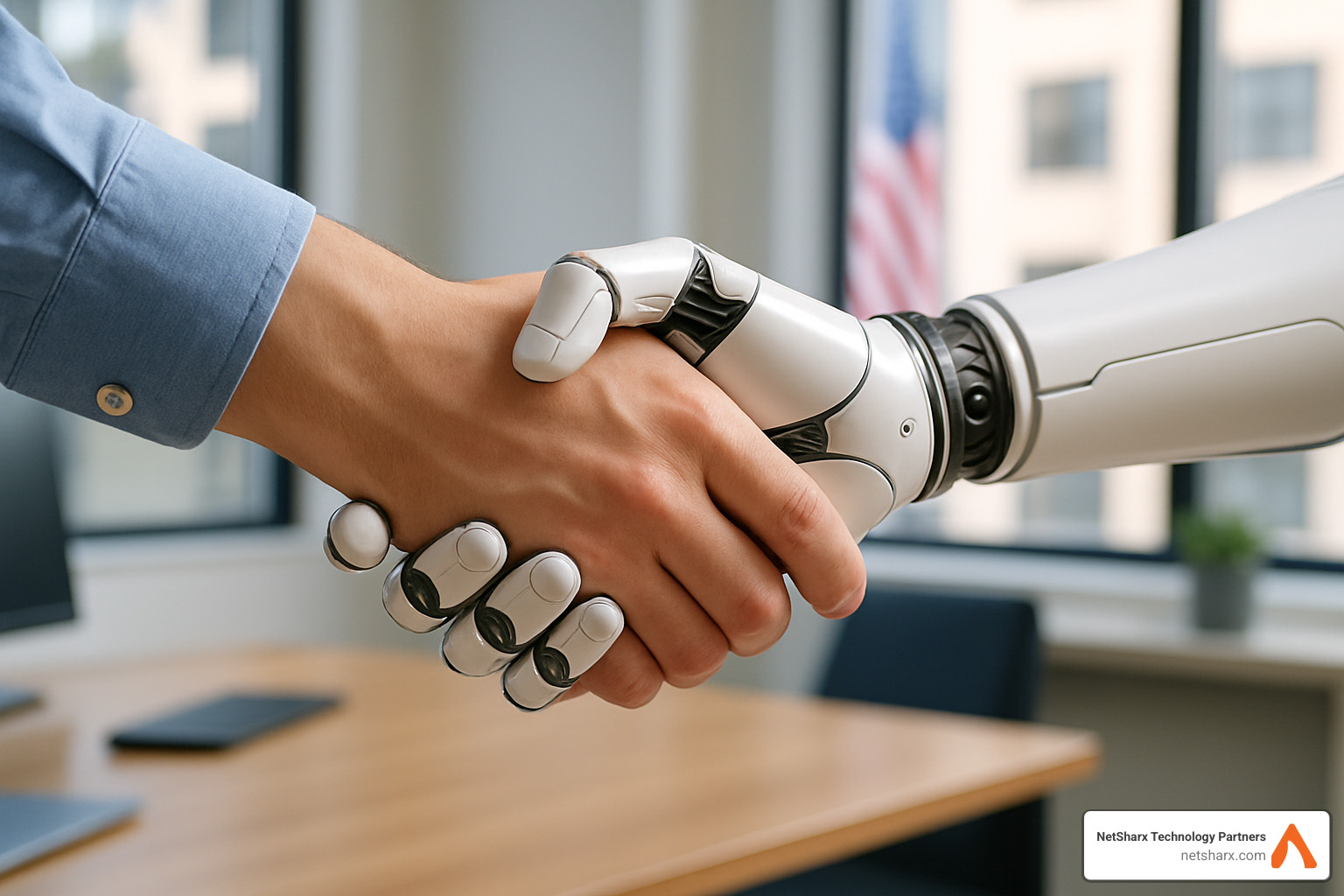 Human and AI collaboration handshake - AI-driven customer support