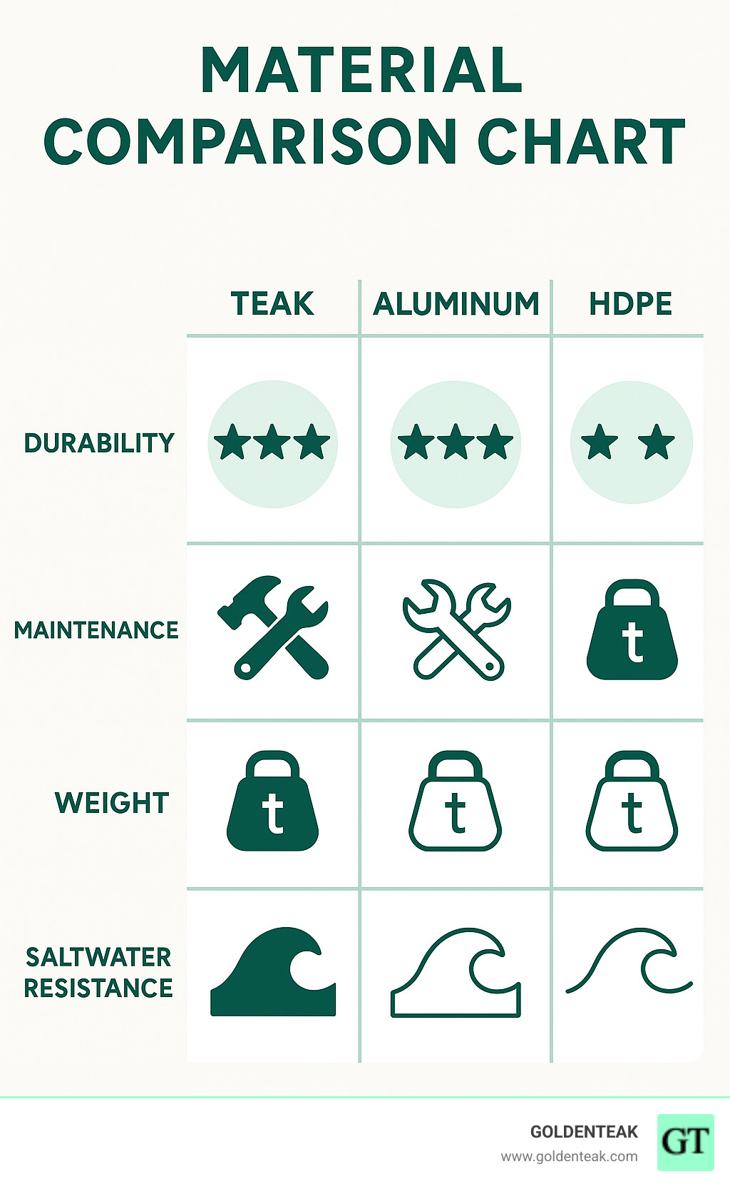 Material comparison chart showing teak vs aluminum vs HDPE durability ratings, maintenance requirements, weight specifications, and saltwater resistance levels - boat deck chair infographic 