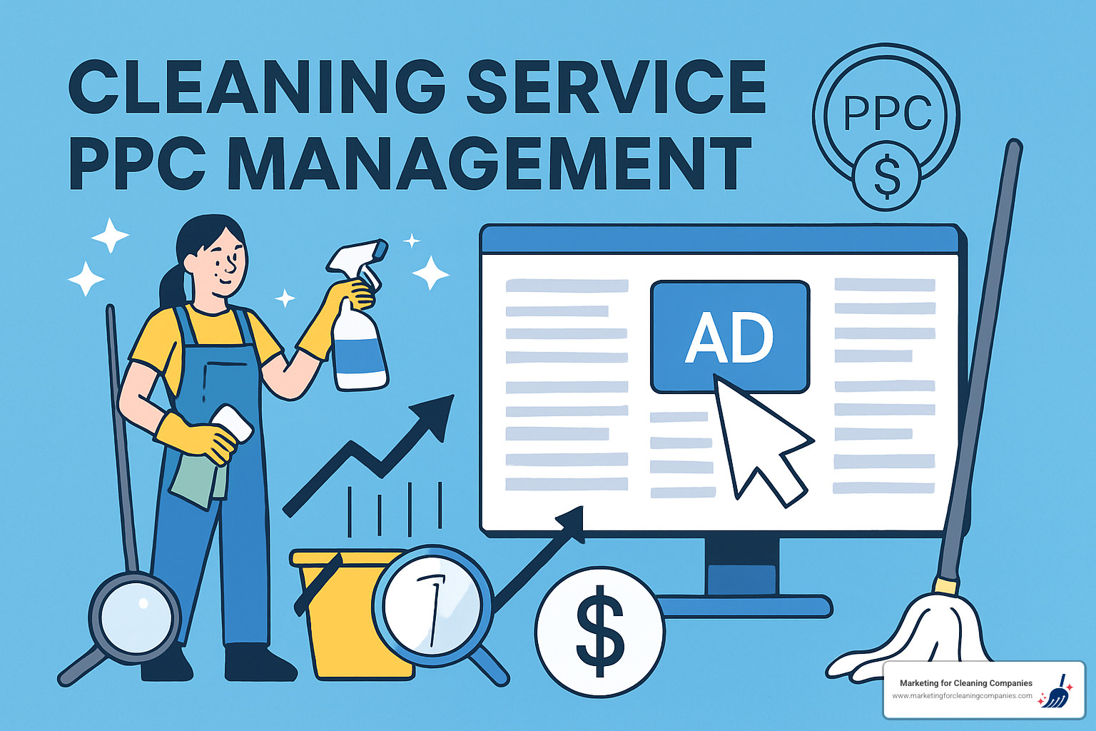 Optimized cleaning service landing page mockup showing clear headline, hero image of team cleaning, prominent phone number, service area map, customer testimonials, and simple contact form above the fold - cleaning service ppc management