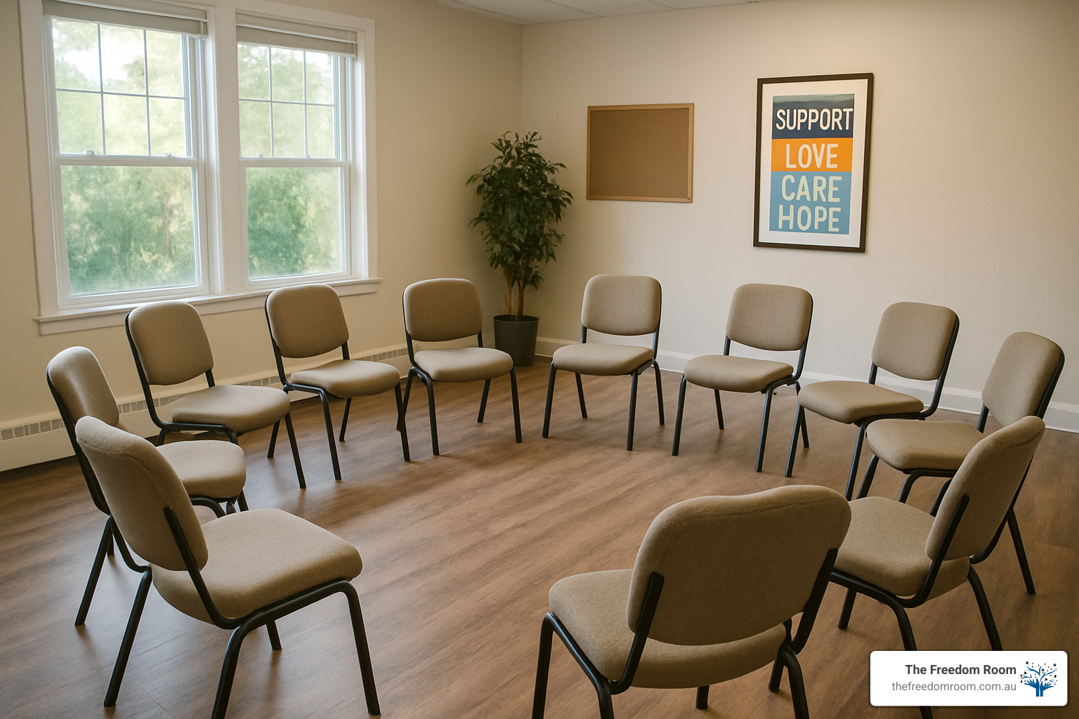 Circle of chairs arranged for a support group meeting - alcohol family support Circle of chairs arranged for a support group meeting - alcohol family support