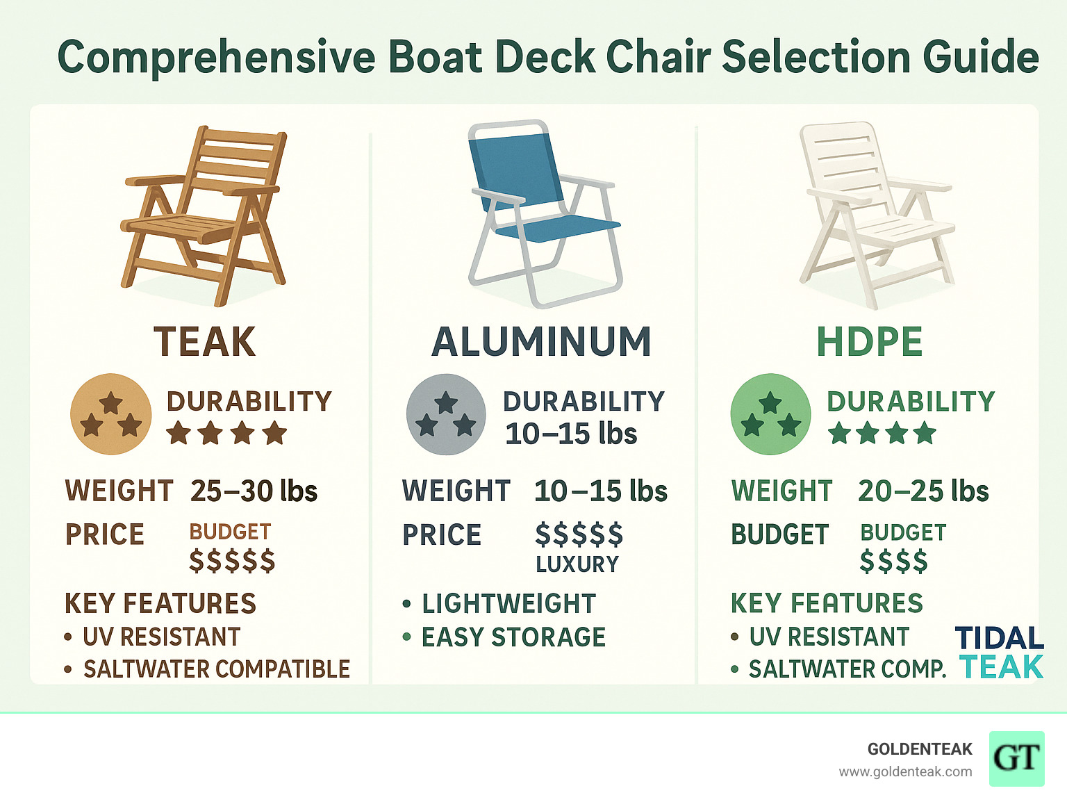 Comprehensive boat deck chair selection guide showing material comparison between teak, aluminum and HDPE options with durability ratings, weight specifications, price ranges from budget to luxury, and key features like UV resistance, saltwater compatibility, and storage requirements - boat deck chair infographic 