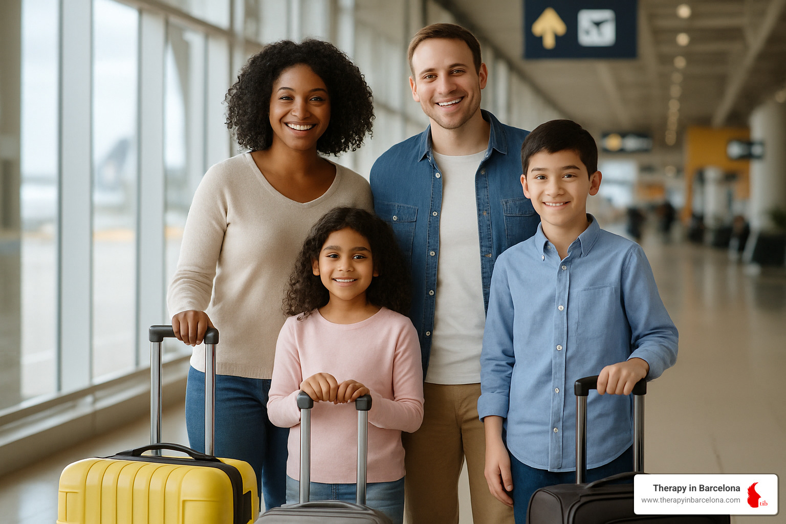 Diverse family with suitcases representing different types of expats - Mental health expats Diverse family with suitcases representing different types of expats - Mental health expats