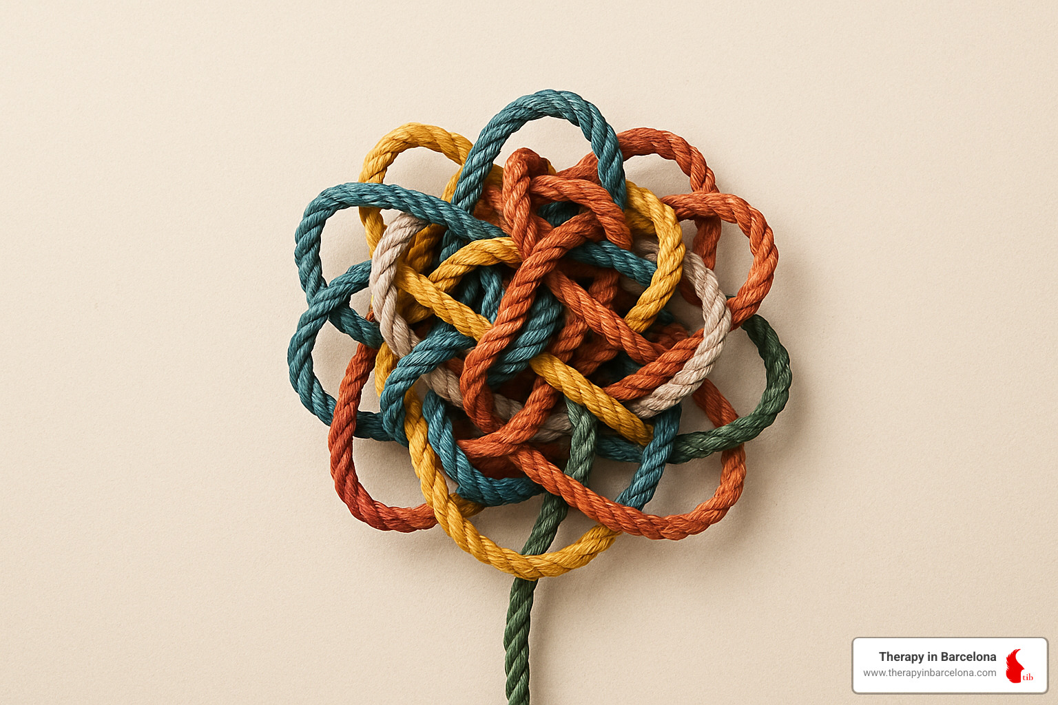Tangled ropes representing the complexity of expat mental health challenges - Mental health expats Tangled ropes representing the complexity of expat mental health challenges - Mental health expats