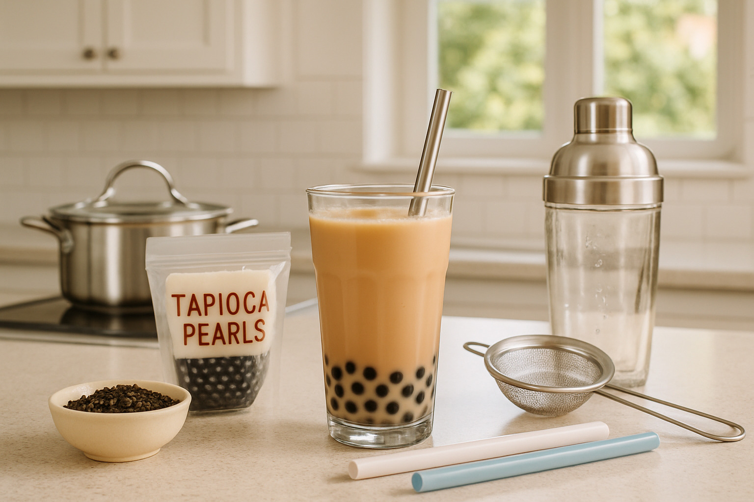 homemade boba tea setup with ingredients and equipment - boba tea
