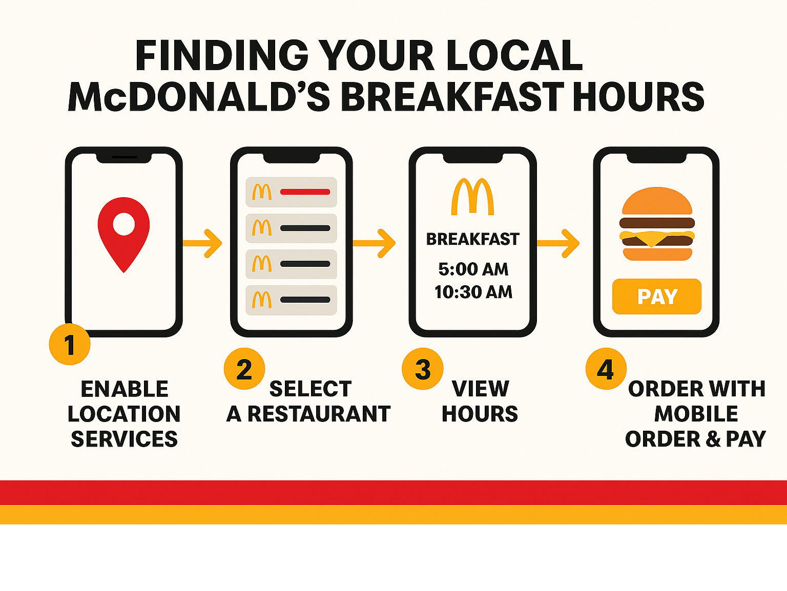 Step-by-step McDonald's app workflow showing location services, restaurant selection, hours display, and mobile ordering options for finding accurate local breakfast times - mcdonald's breakfast hours infographic 