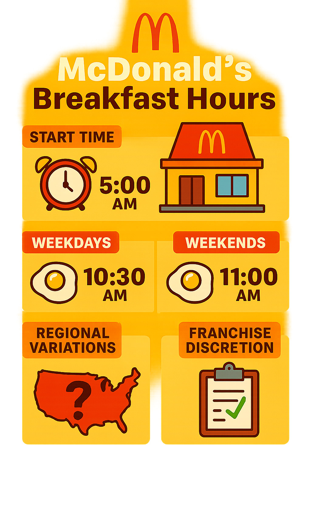 Detailed breakdown of McDonald's breakfast hours by location type, day of week, and regional variations showing 5 AM start times, 10:30 AM weekday cutoffs, 11 AM weekend cutoffs, and franchise autonomy over local schedules - mcdonald's breakfast hours infographic 