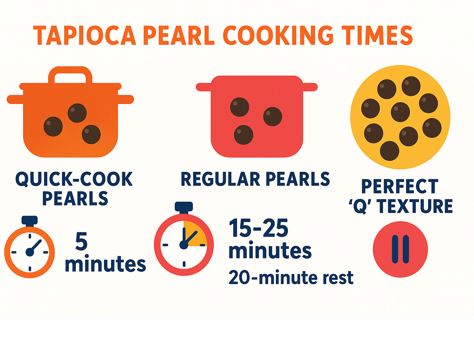 Infographic showing tapioca pearl cooking times: quick-cook pearls 5 minutes, regular pearls 15-25 minutes, plus 20-minute rest period, with visual guide to perfect Q texture - boba tea infographic 