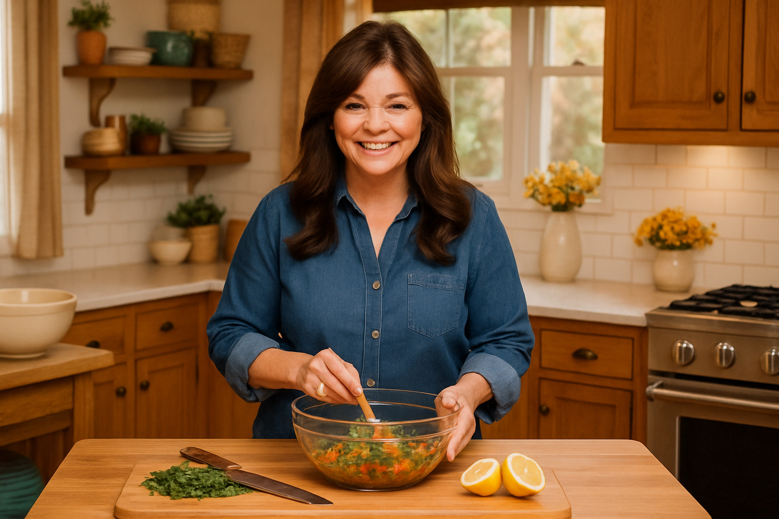 Valerie Bertinelli hosting her cooking show in a warm kitchen setting - valerie bertinelli