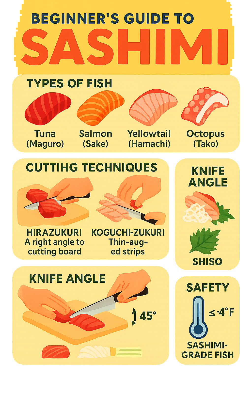 Comprehensive sashimi guide showing types of fish, cutting techniques, traditional accompaniments like daikon and shiso, proper knife angles, and safety temperature requirements for sashimi-grade fish preparation - sashimi infographic 