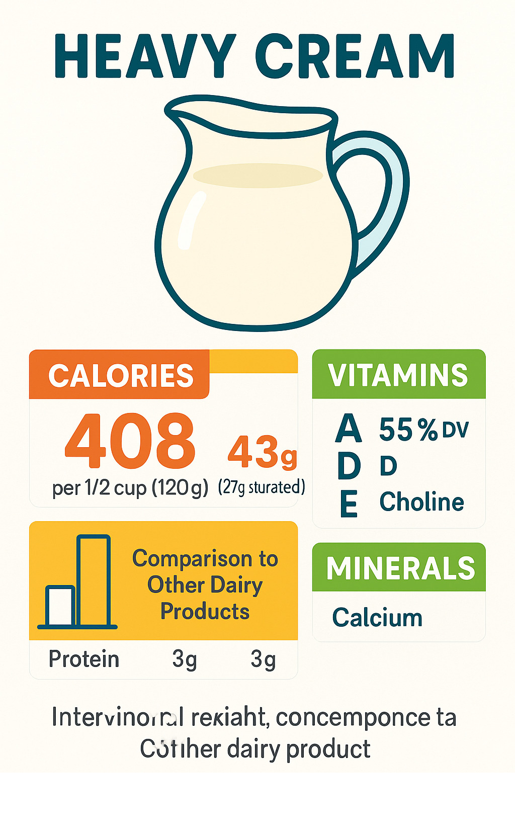 Nutritional breakdown infographic showing heavy cream's calories, fat content, vitamins, and minerals per serving with comparisons to other dairy products - heavy cream infographic 