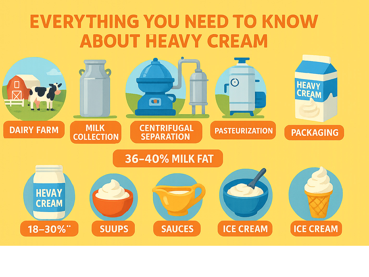 Detailed infographic showing heavy cream production process from dairy farm milk collection through centrifugal separation, pasteurization, homogenization, and packaging, with fat percentage comparisons to other cream types and common culinary applications - heavy cream infographic 