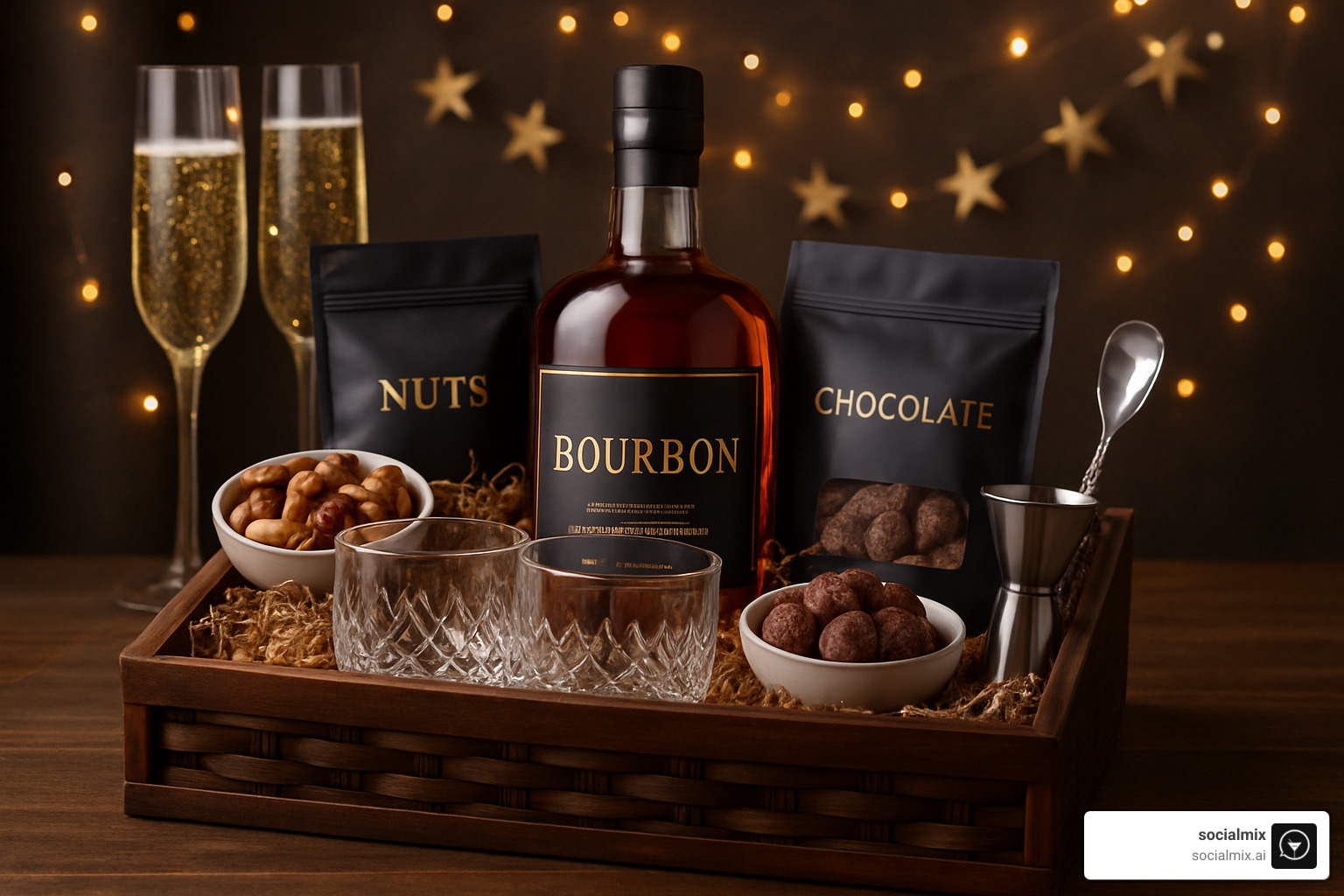 Curated whiskey celebration basket with premium bourbon, artisanal snacks, crystal glasses, and cocktail tools arranged in wooden presentation box - alcohol gift baskets