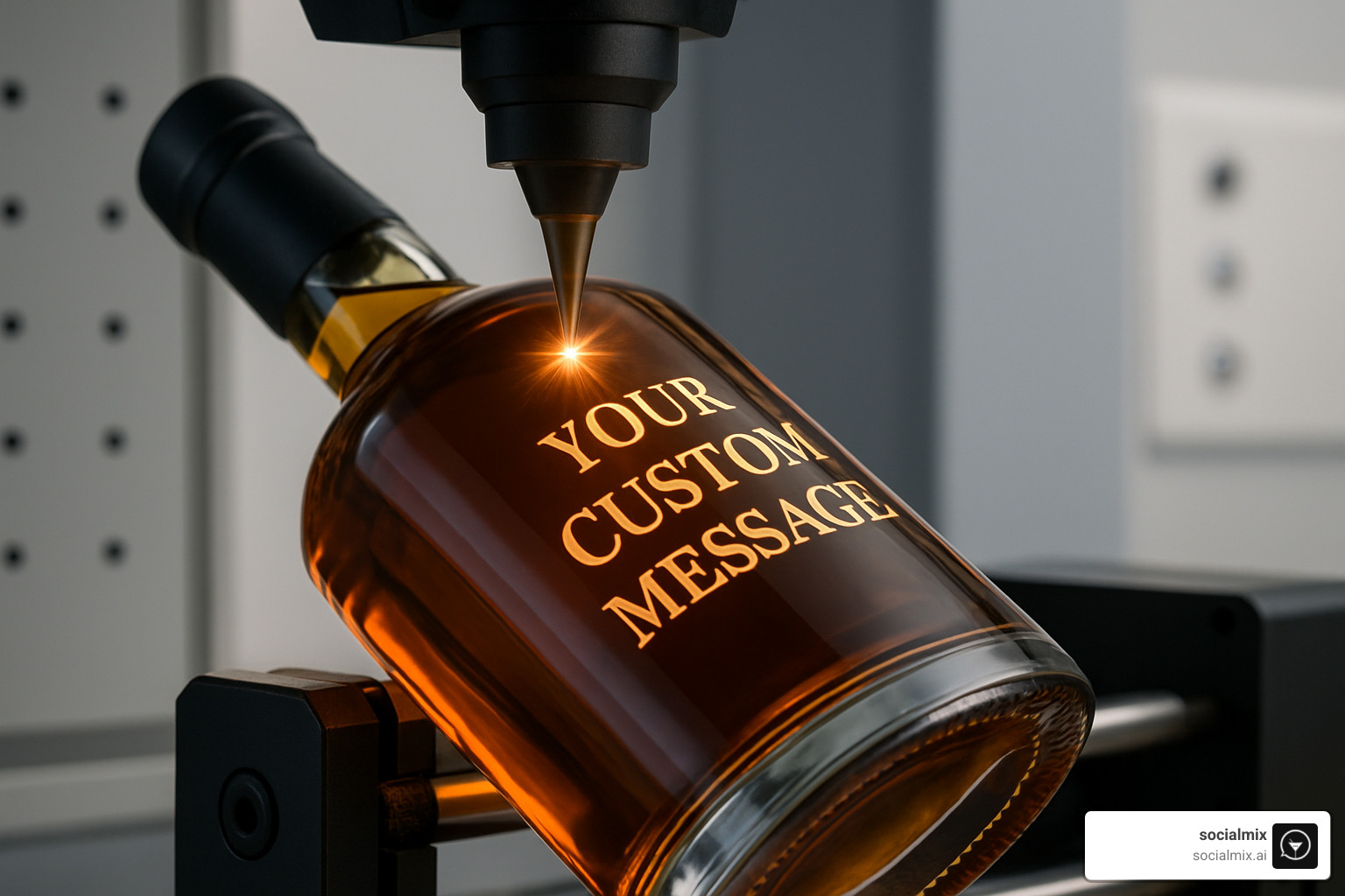 Laser engraving process on premium whiskey bottle showing custom message being etched into glass - alcohol gift baskets