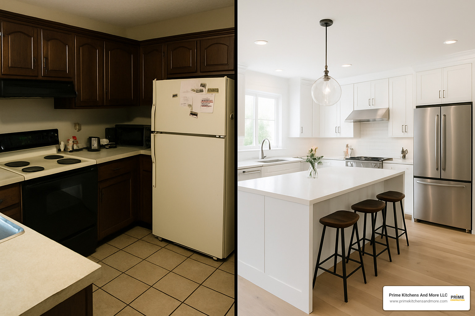 Dramatic side-by-side before and after photos showing a complete kitchen change from outdated to modern - kitchen remodel before after