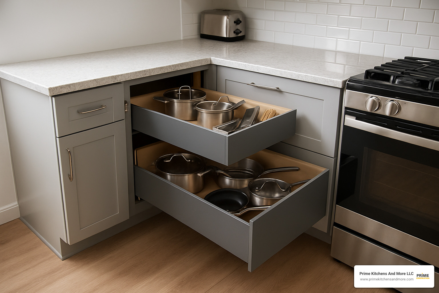 Innovative corner cabinet with pull-out drawers showing maximum storage accessibility in typically wasted space - kitchen remodel before after