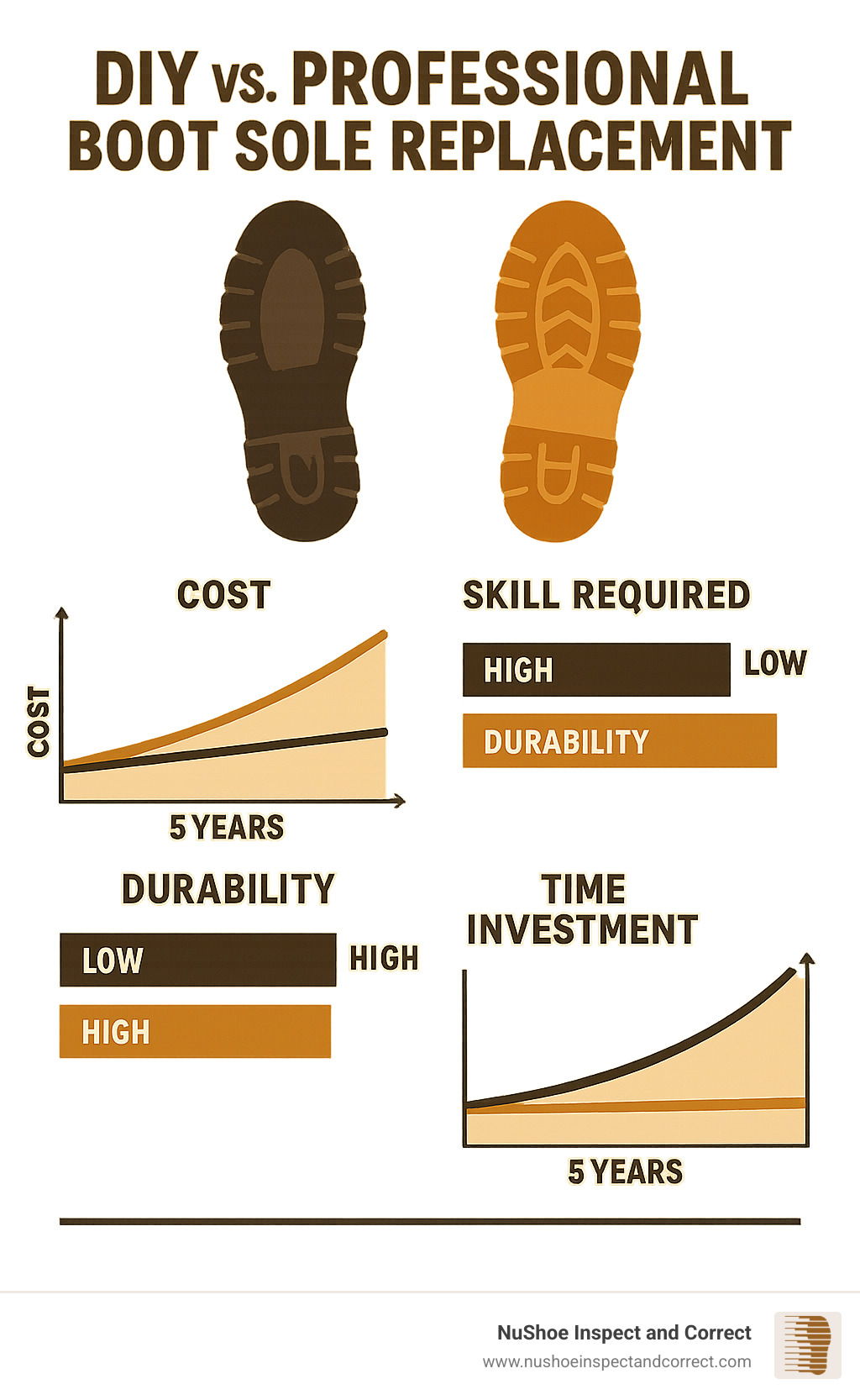 Infographic comparing DIY vs professional boot sole replacement showing cost curves, skill requirements, durability expectations, and time investment over a 5-year period - boot sole replacement infographic 