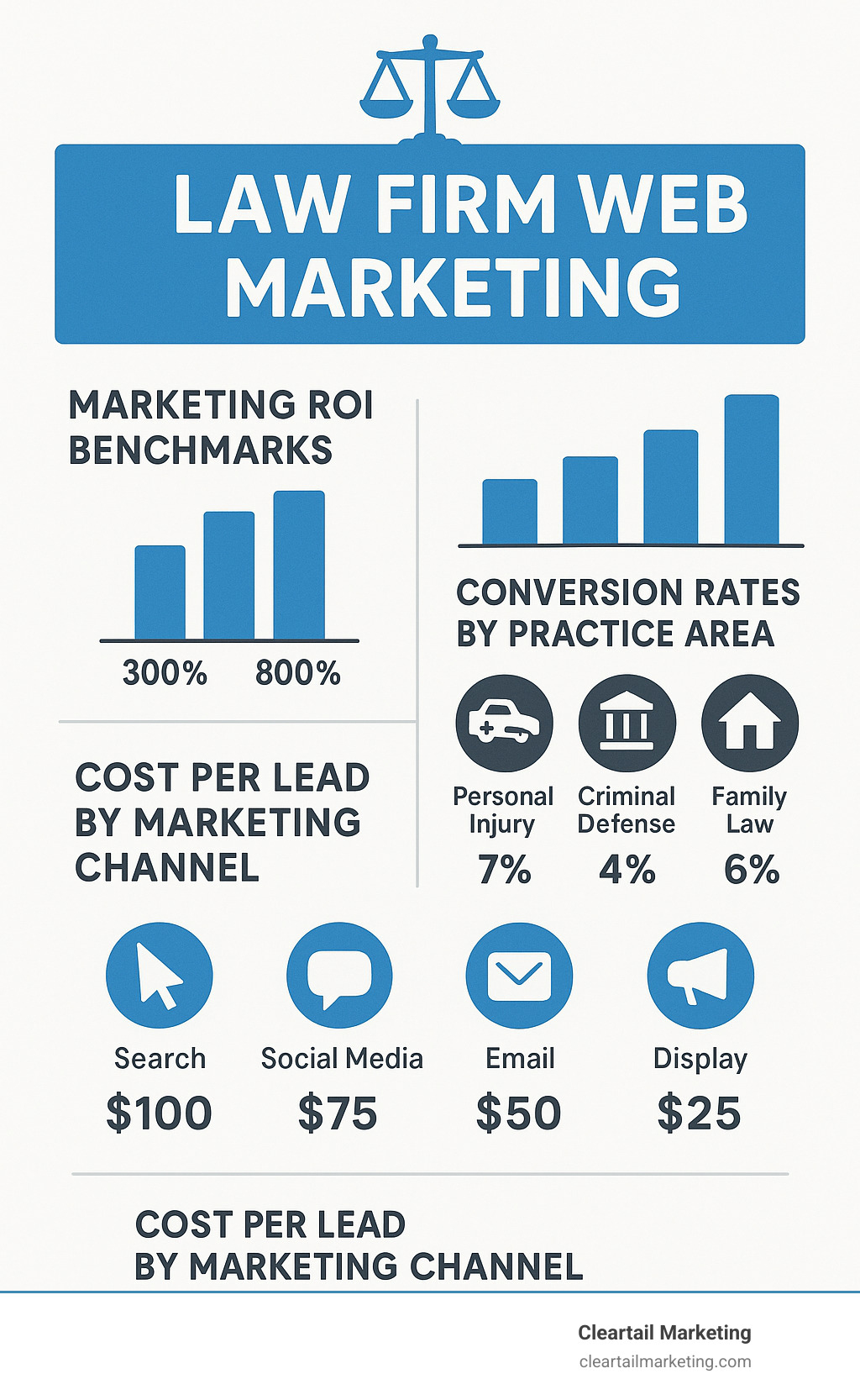Statistics showing law firm marketing ROI benchmarks, conversion rates by practice area, and cost per lead comparisons across different marketing channels - law firm web marketing infographic 