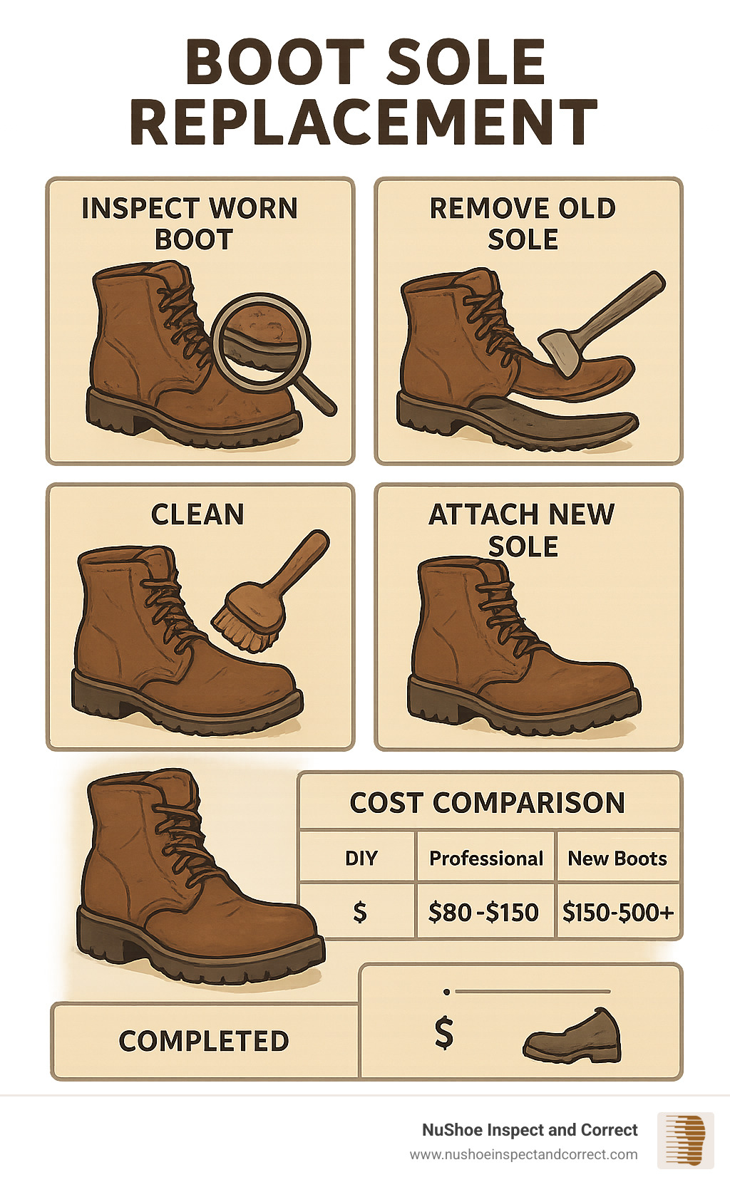 Detailed infographic showing boot sole replacement process from worn boot inspection through sole removal, cleaning, new sole installation, and finished product with cost comparisons between DIY, professional, and new boot purchase options - boot sole replacement infographic 