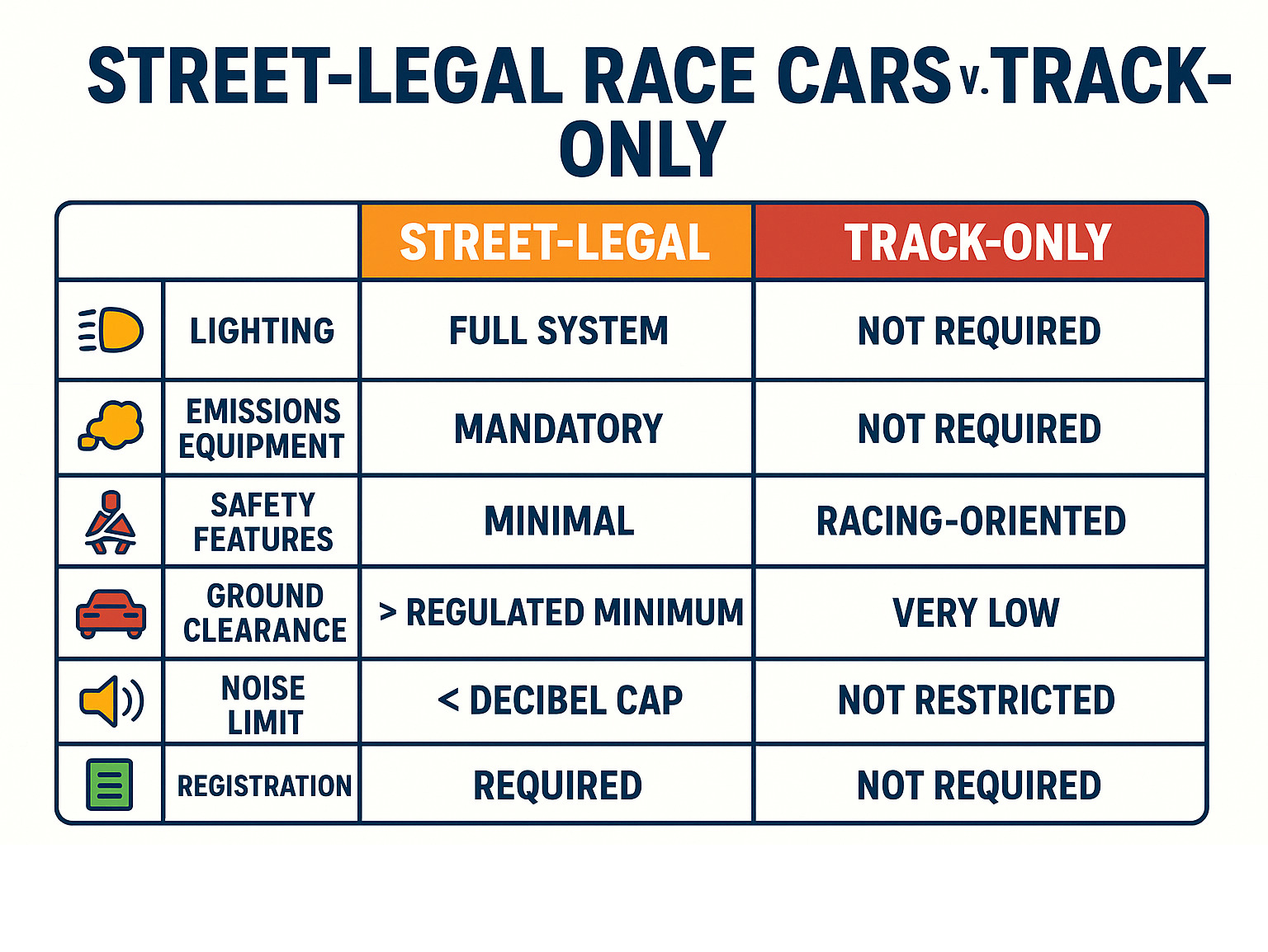 Comprehensive comparison chart showing street legal requirements versus track-only specifications including lighting systems, emissions equipment, safety features, ground clearance minimums, noise limits, and registration requirements across different vehicle categories - street legal race cars infographic 