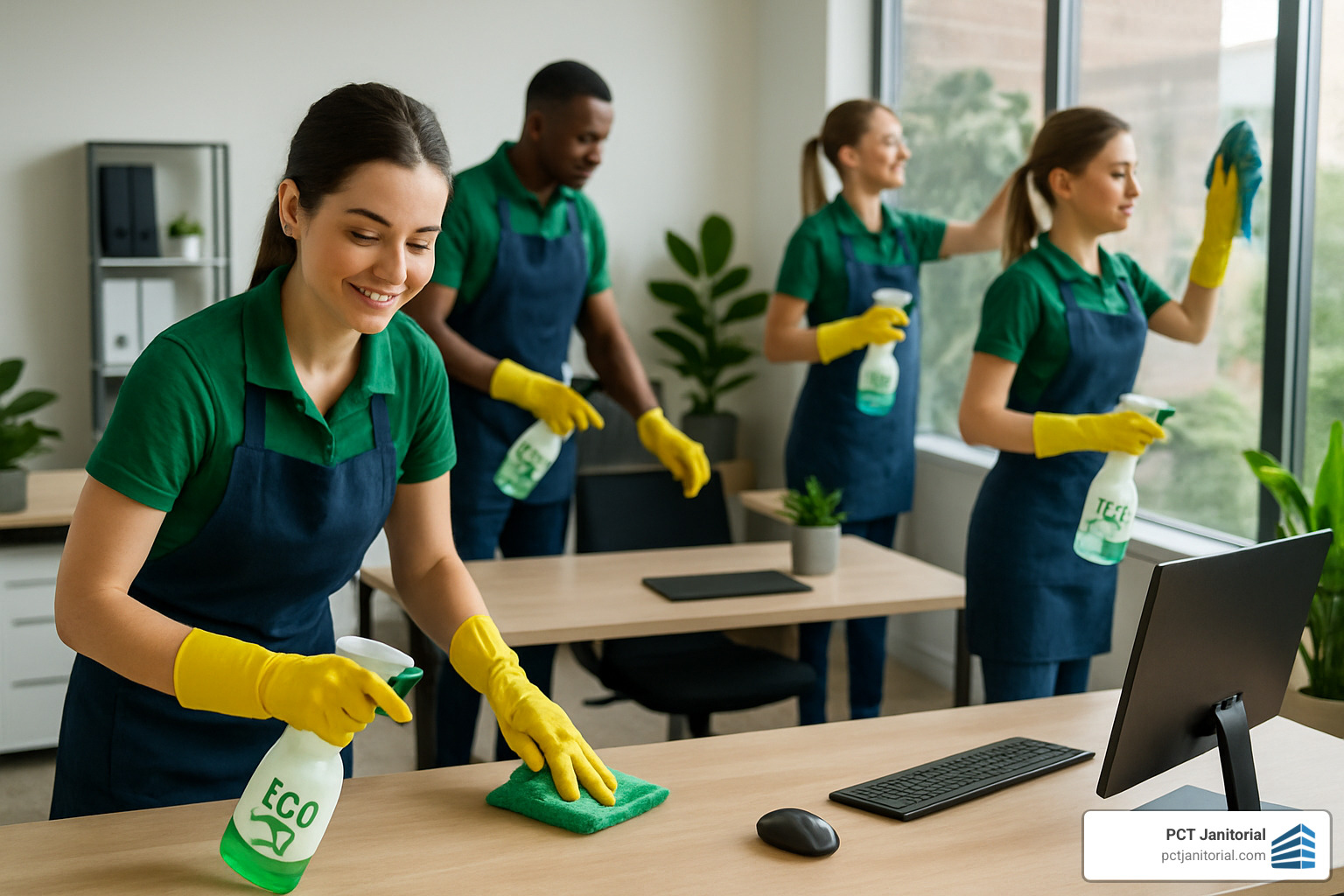 Professional cleaning team using eco-friendly products in modern Canton office space - commercial cleaning canton ga