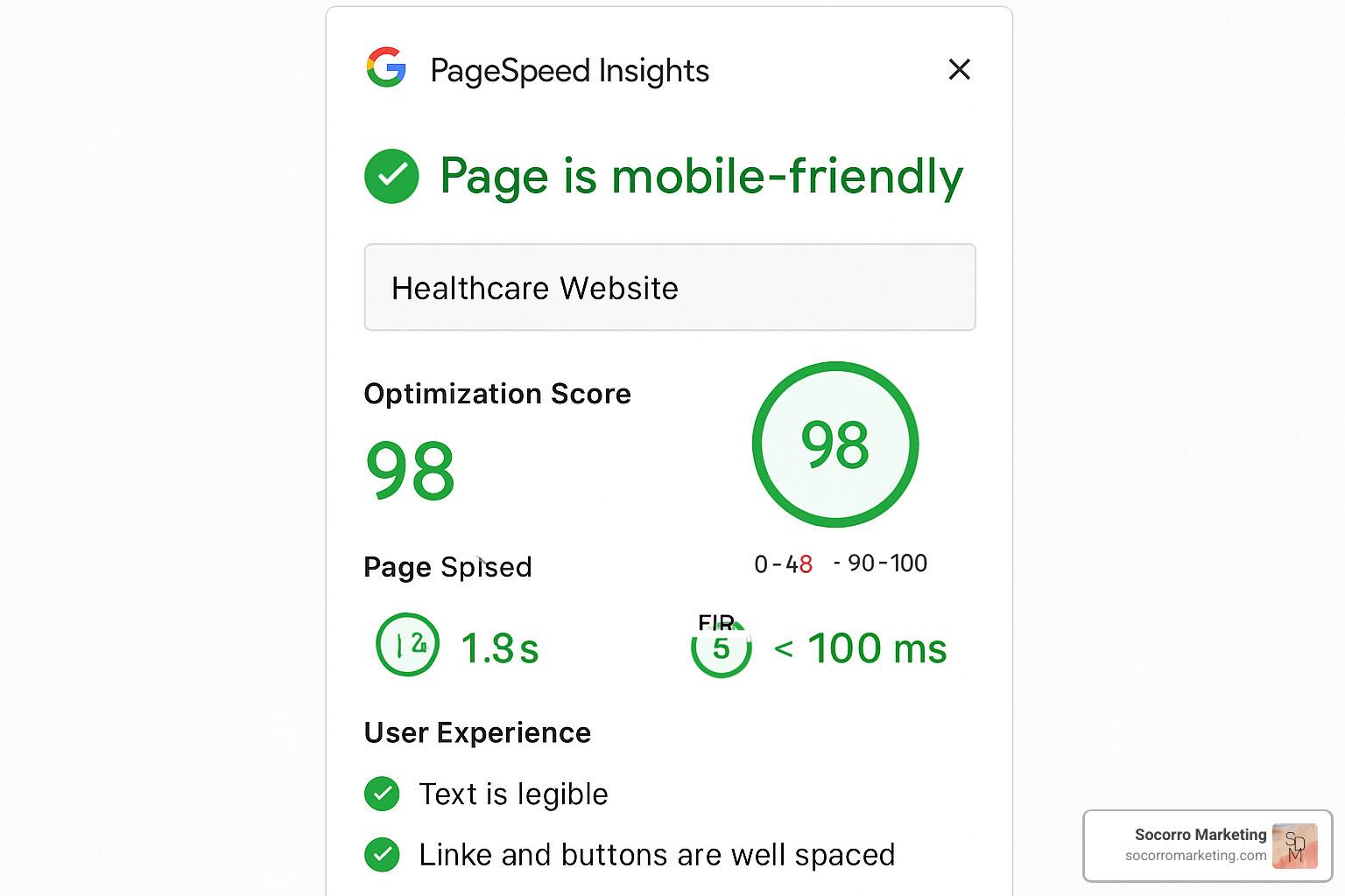 Mobile-friendly test results showing a healthcare website's mobile optimization score, page speed metrics, and user experience indicators - best seo strategy for increasing the traffic of the website
