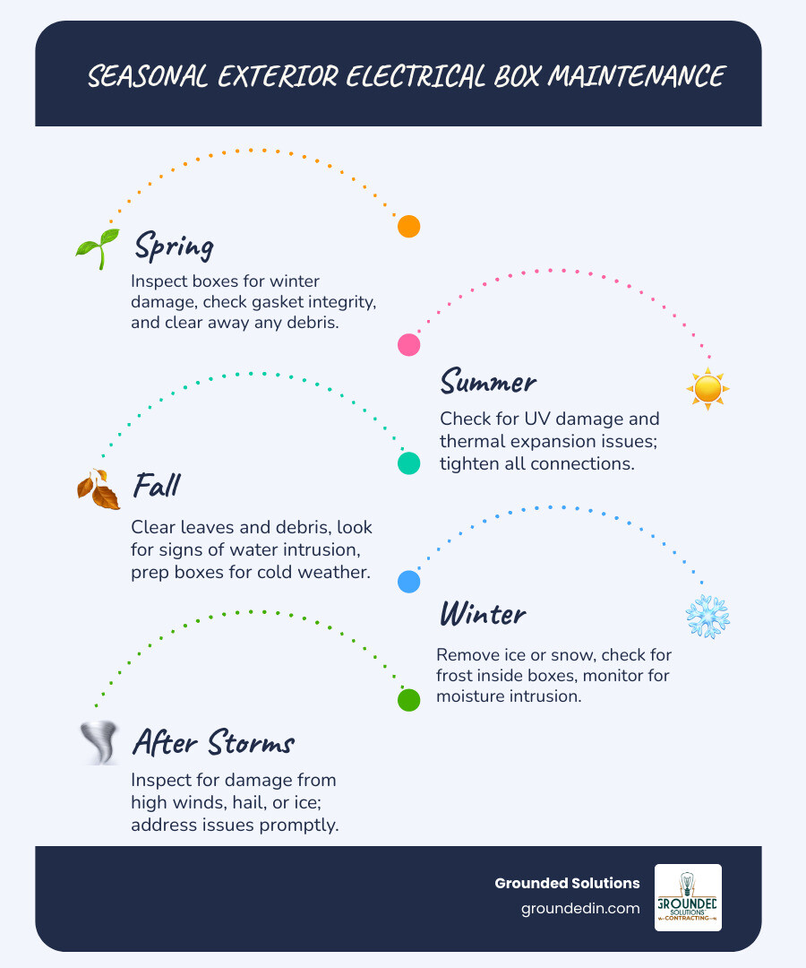 Infographic showing seasonal maintenance schedule for exterior electrical boxes in Indiana climate - exterior electrical boxes infographic infographic-line-5-steps-blues-accent_colors
