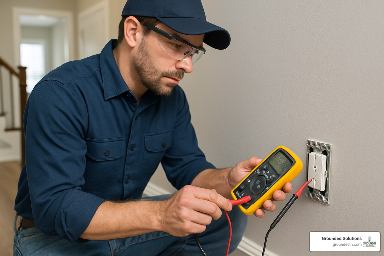 Professional electrician using multimeter to test GFCI outlet - GFCI outlet not working