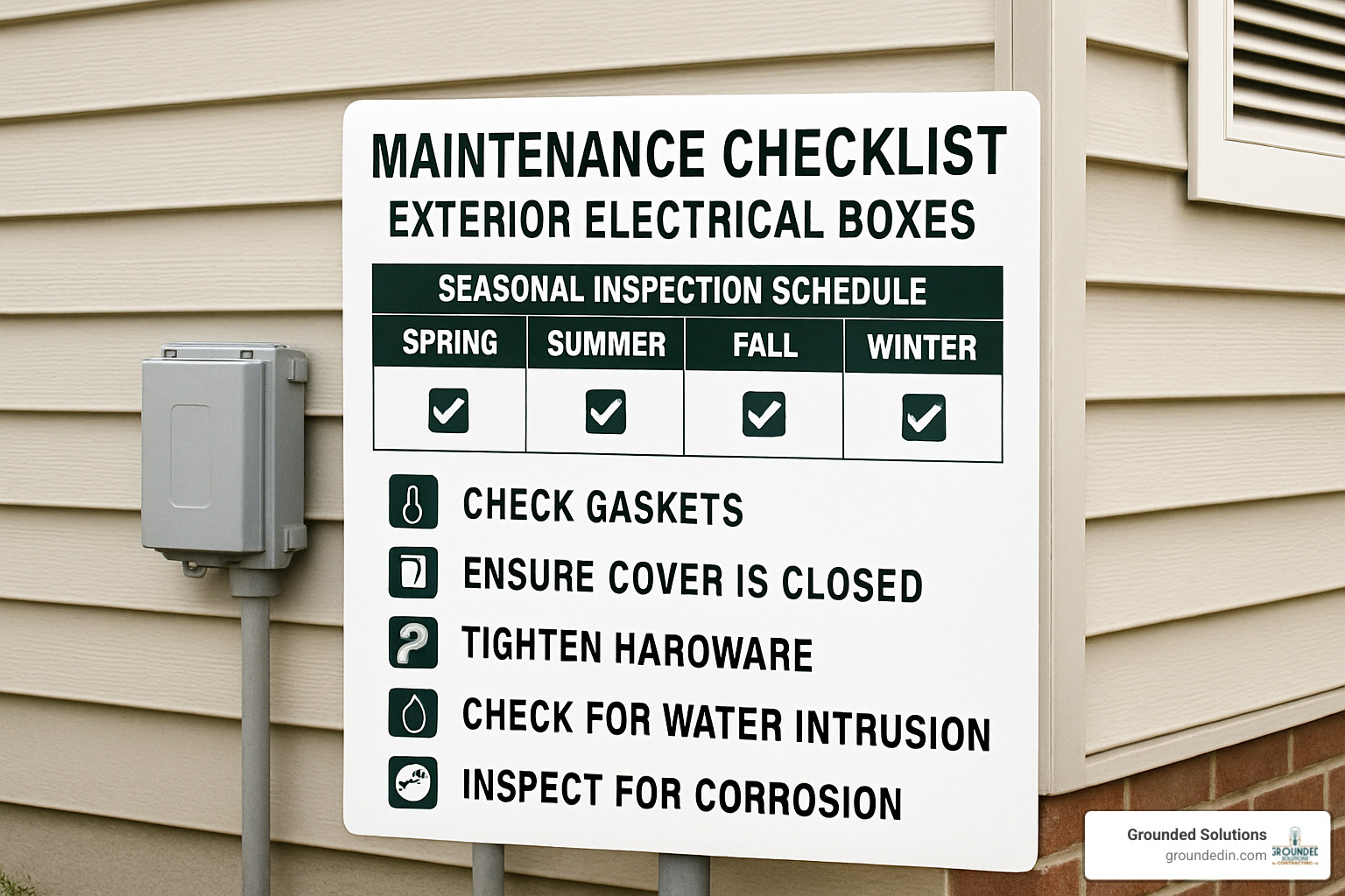 Maintenance checklist graphic showing seasonal inspection points for exterior electrical boxes - exterior electrical boxes