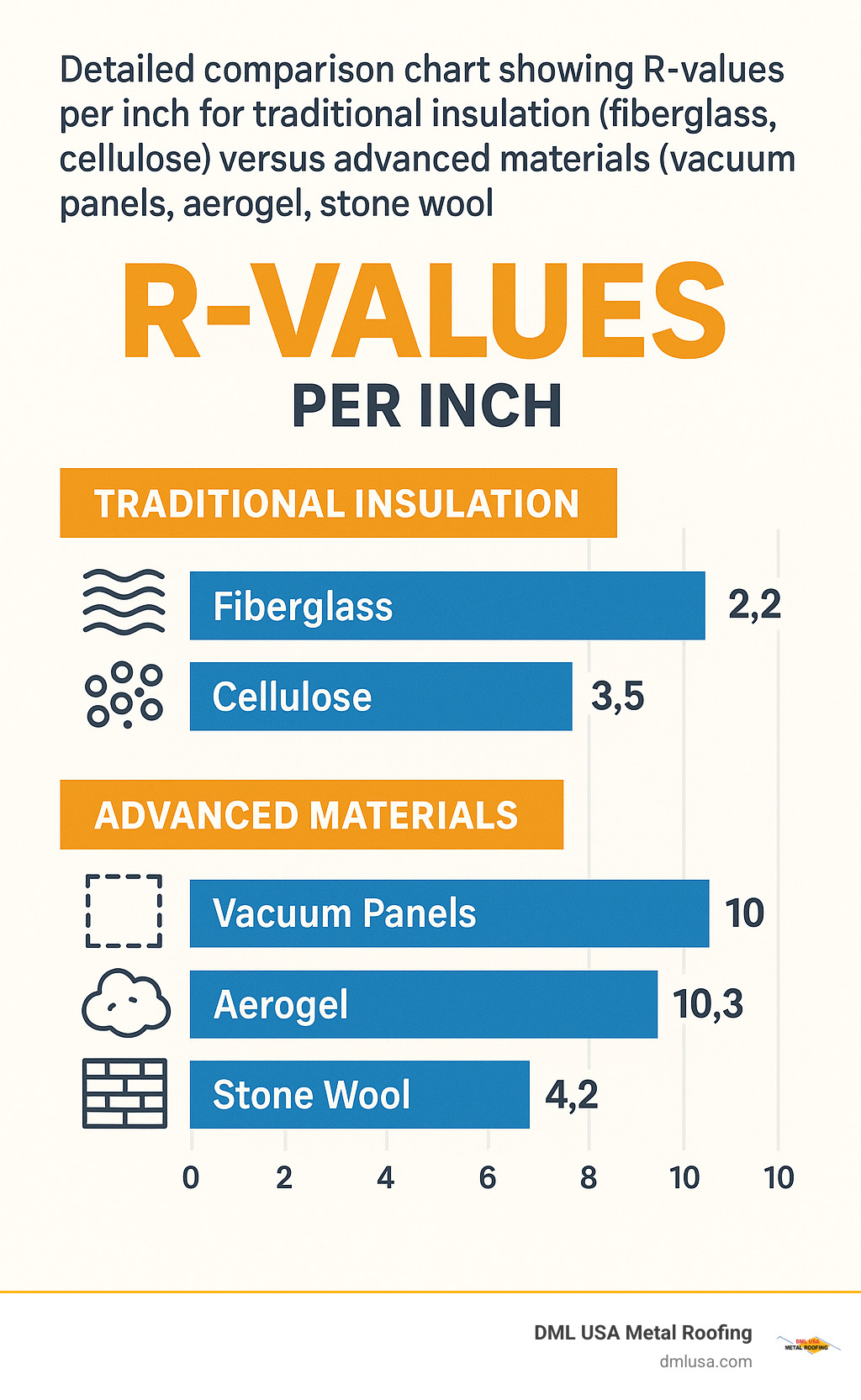 Detailed comparison chart showing R-values per inch for traditional insulation (fiberglass, cellulose) versus advanced materials (vacuum panels, aerogel, stone wool) - energy-efficient building materials infographic 