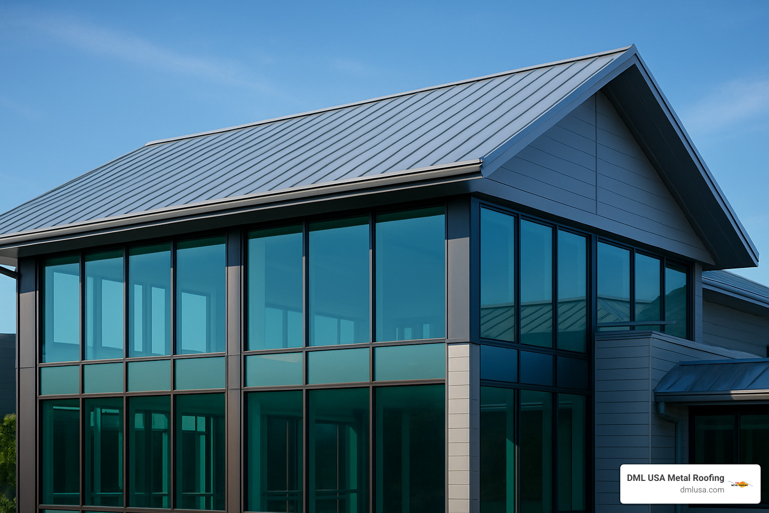 modern building with smart windows and cool metal roofing system - energy-efficient building materials