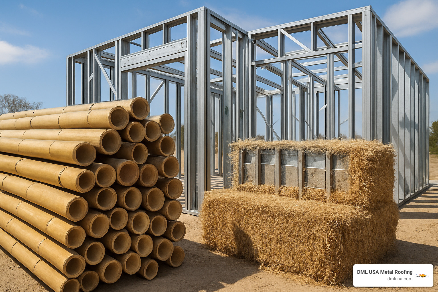 natural and recycled building materials including bamboo, recycled steel, and straw bales - energy-efficient building materials