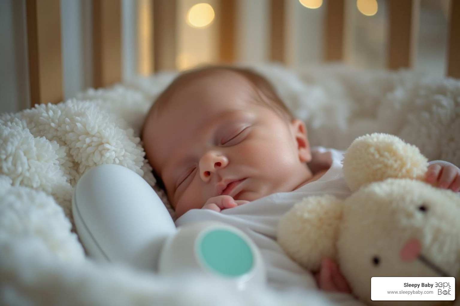 Peaceful sleeping newborn with hands-free soothing device