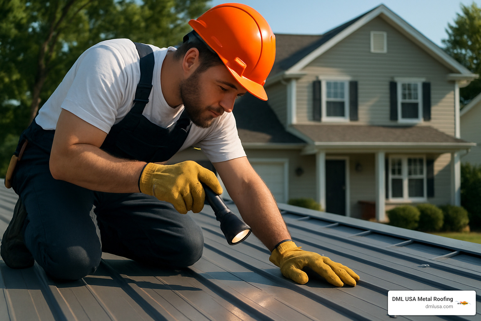 roofer inspecting metal roof for hail dents - best type of metal roof against hail damage