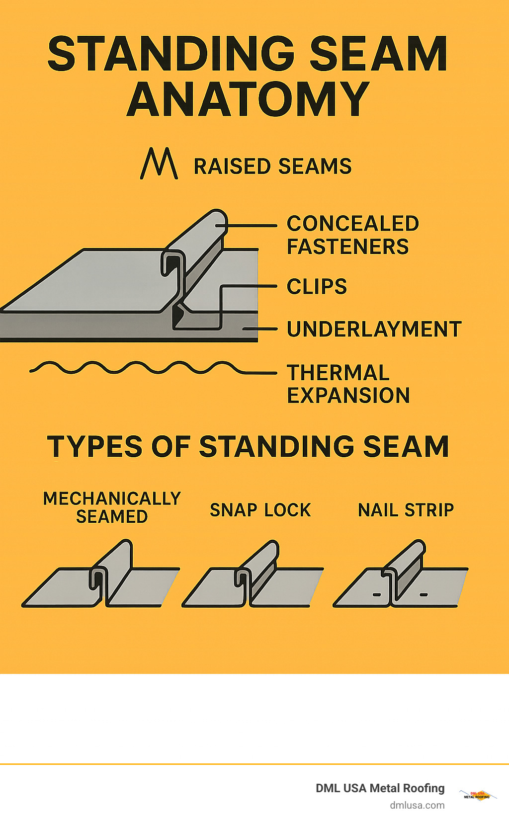 Infographic showing standing seam anatomy with raised seams, concealed fasteners, clips, underlayment, and thermal expansion details comparing mechanically seamed vs snap-lock vs nail strip systems - best type of metal roof standing seam infographic 