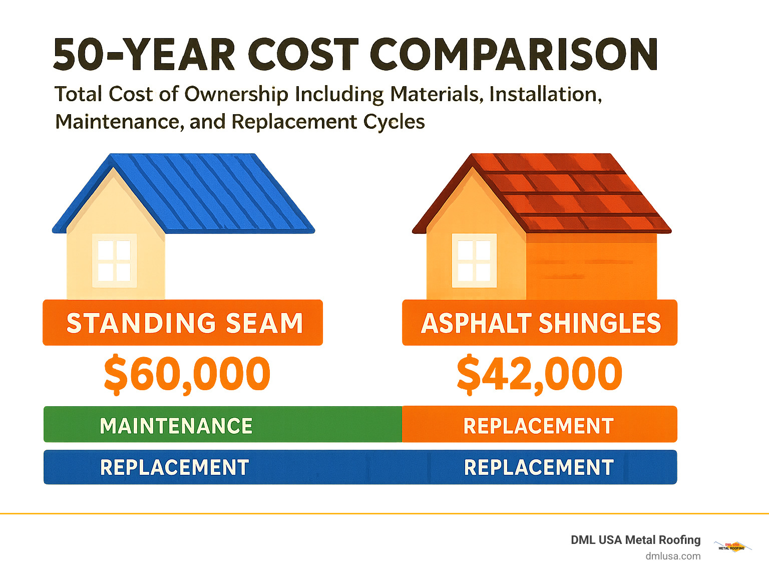 50-year cost comparison showing standing seam vs asphalt shingles total cost of ownership including materials, installation, maintenance, and replacement cycles - best type of metal roof standing seam infographic 