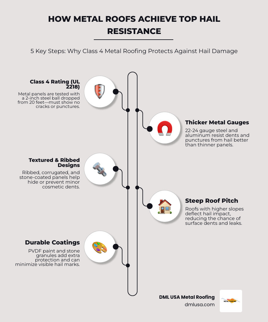 Infographic showing UL 2218 Class 4 impact test with 2-inch steel ball dropped from 20 feet onto metal roofing panels, demonstrating no penetration or fracture, plus comparison of hail sizes from pea-sized to baseball-sized with corresponding damage levels on different roofing materials - best type of metal roof against hail damage infographic infographic-line-5-steps-neat_beige