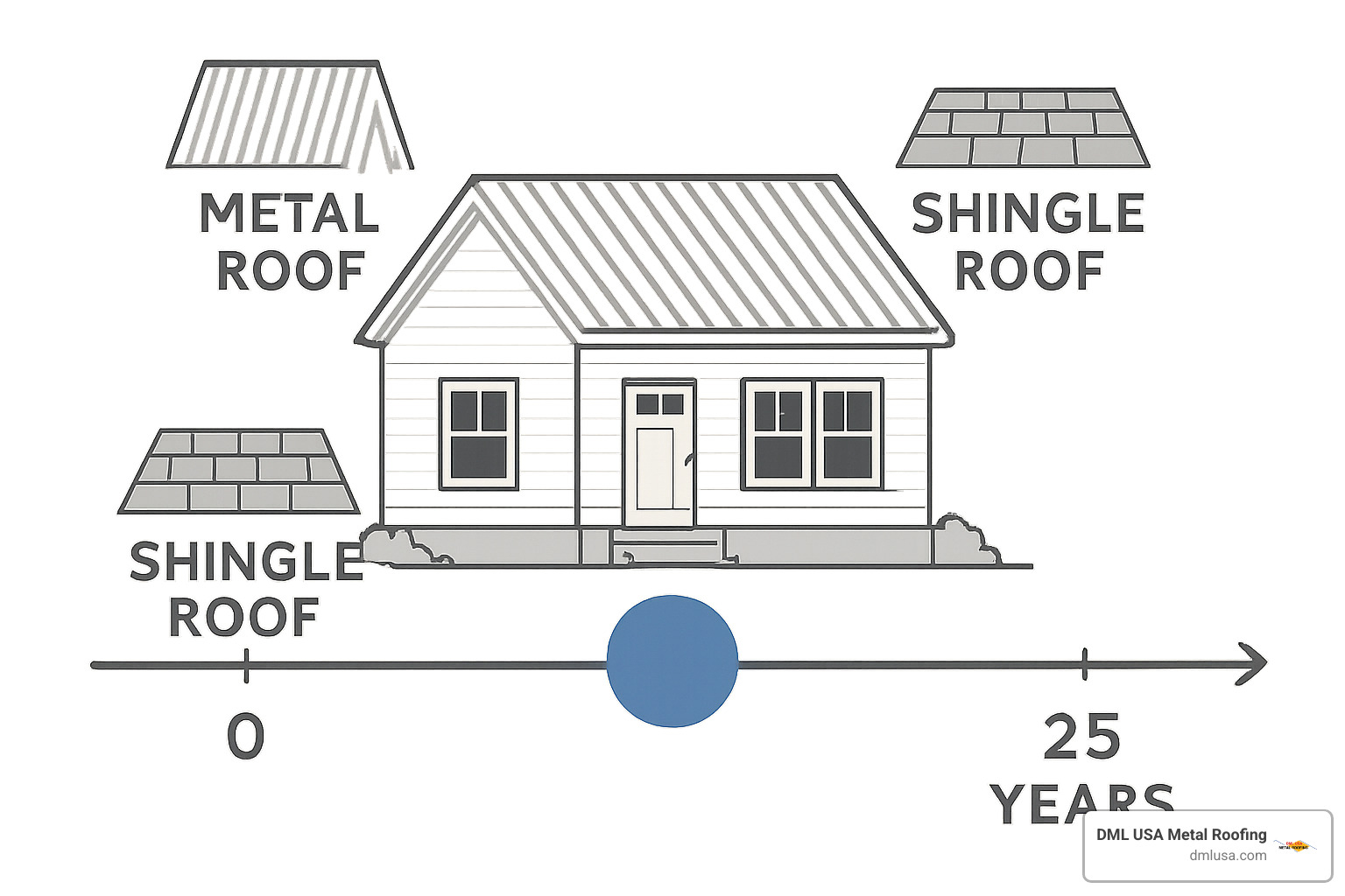 timeline showing 25-year comparison of metal roof vs multiple shingle replacements - cost of metal roofing vs shingles