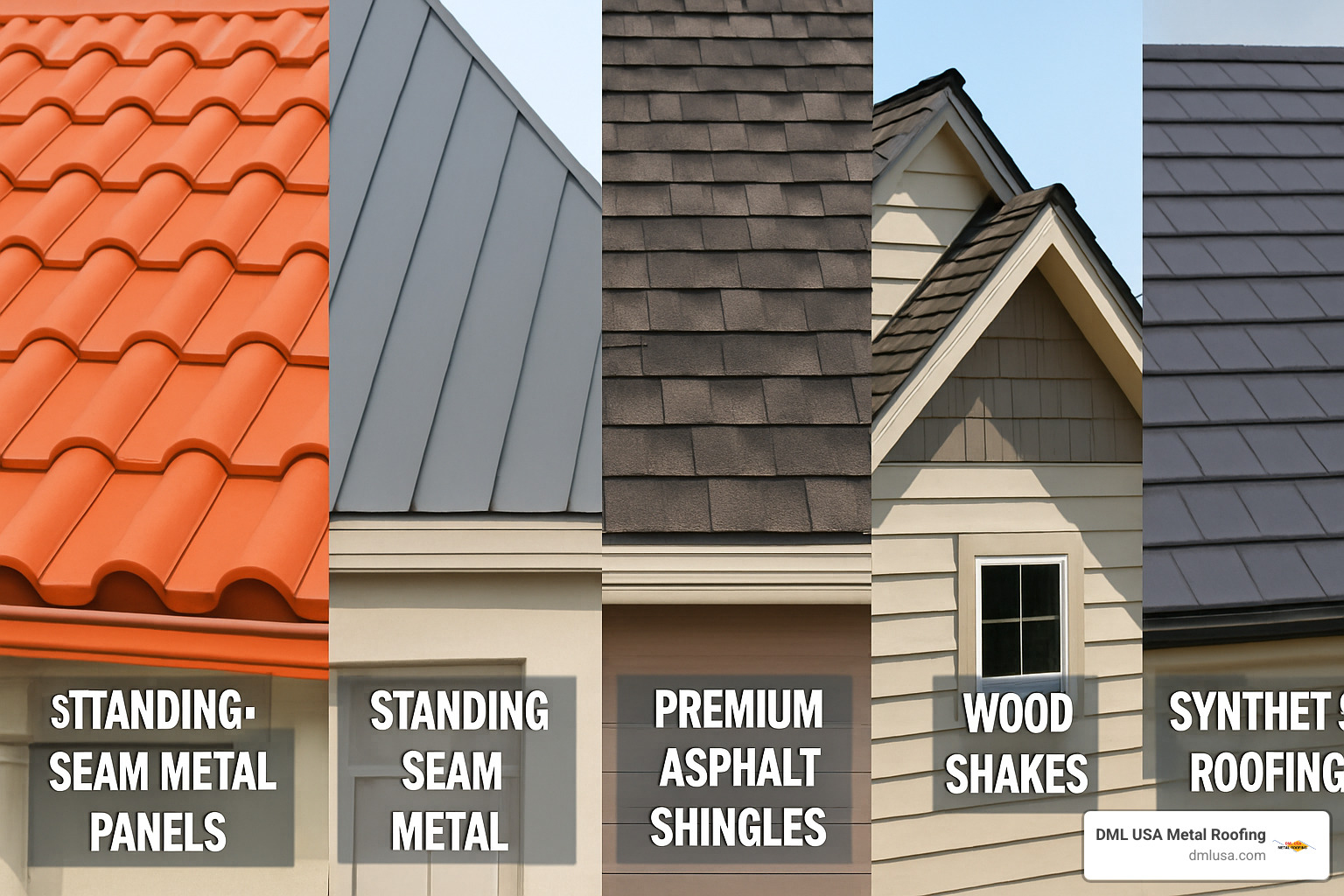 Collage showing slate, clay tiles, metal panels, stone-coated steel, asphalt shingles, wood shakes, and synthetic materials side by side - Long-lasting roofing options