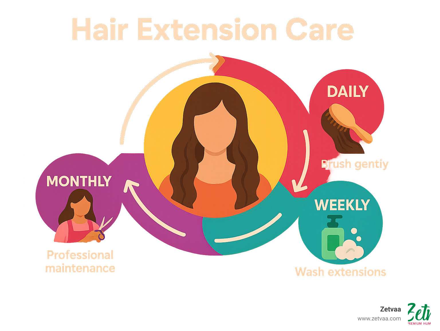 Hair extension care cycle showing daily brushing routine, weekly washing schedule, and monthly professional maintenance appointments - Hair Extension Care infographic 