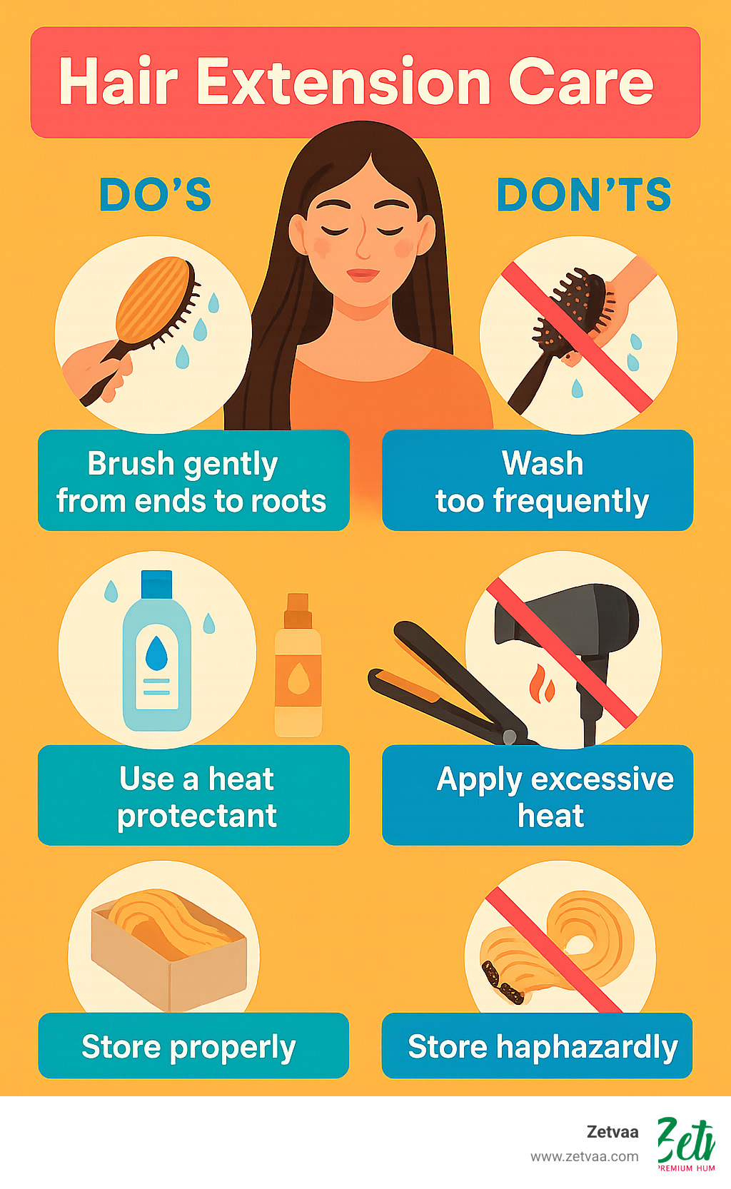 Comprehensive infographic showing hair extension care do's and don'ts including proper brushing technique, washing frequency, heat protection, and storage methods - Hair Extension Care infographic 