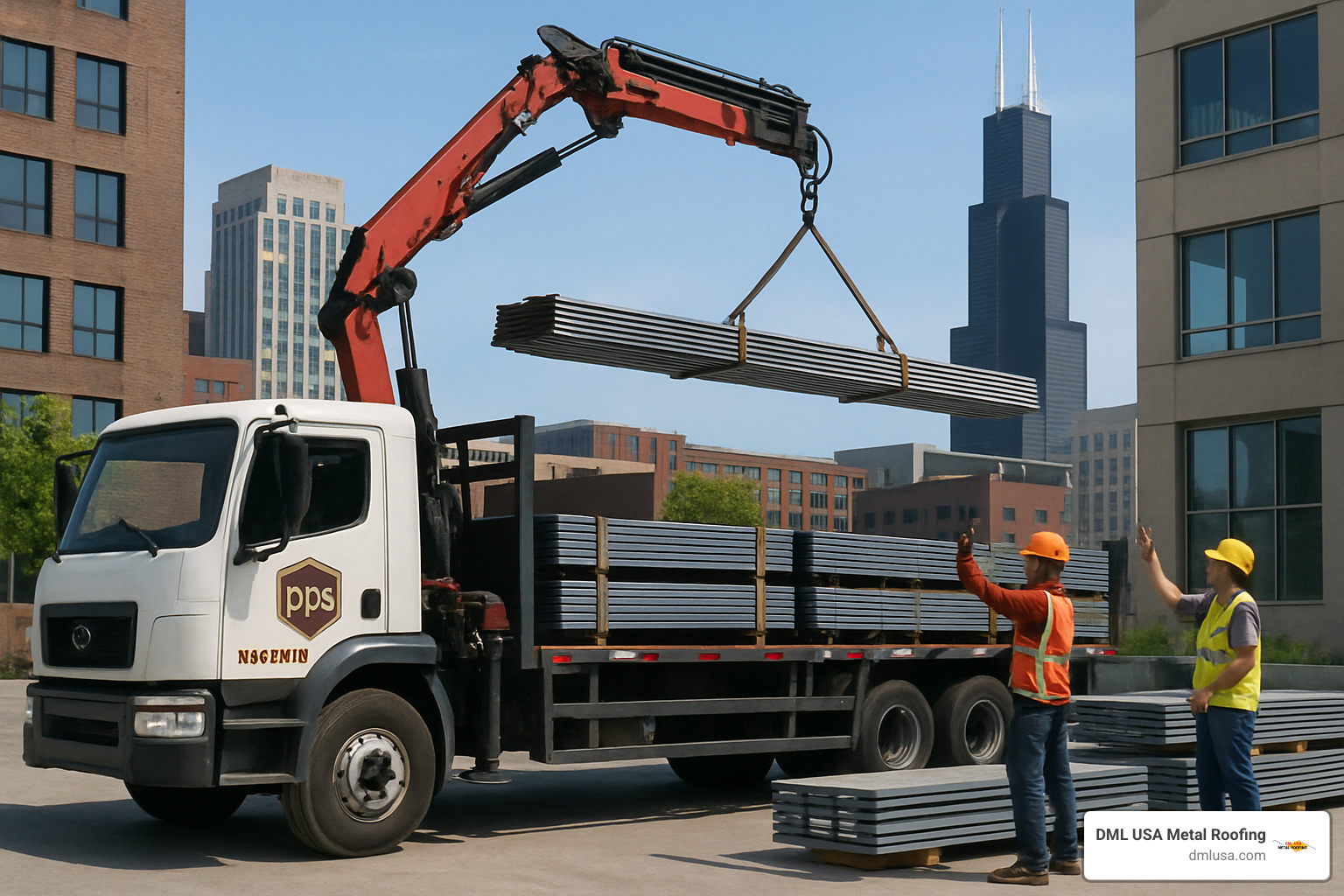 delivery truck with crane loading metal roofing - roofing supply chicago