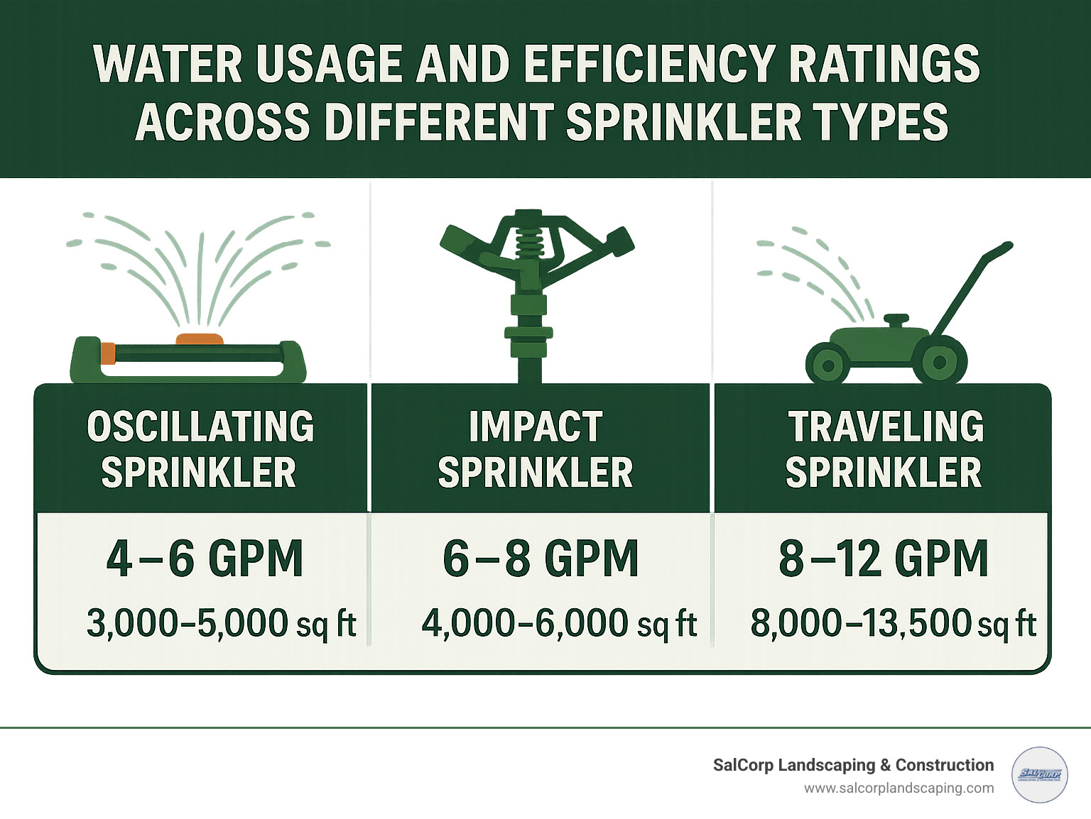 Infographic comparing water usage and efficiency ratings across different sprinkler types, showing oscillating sprinklers use 4-6 GPM covering 3000-5000 sq ft, impact sprinklers use 6-8 GPM covering 4000-6000 sq ft, and traveling sprinklers use 8-12 GPM covering 8000-13500 sq ft - best above ground sprinkler setup infographic 