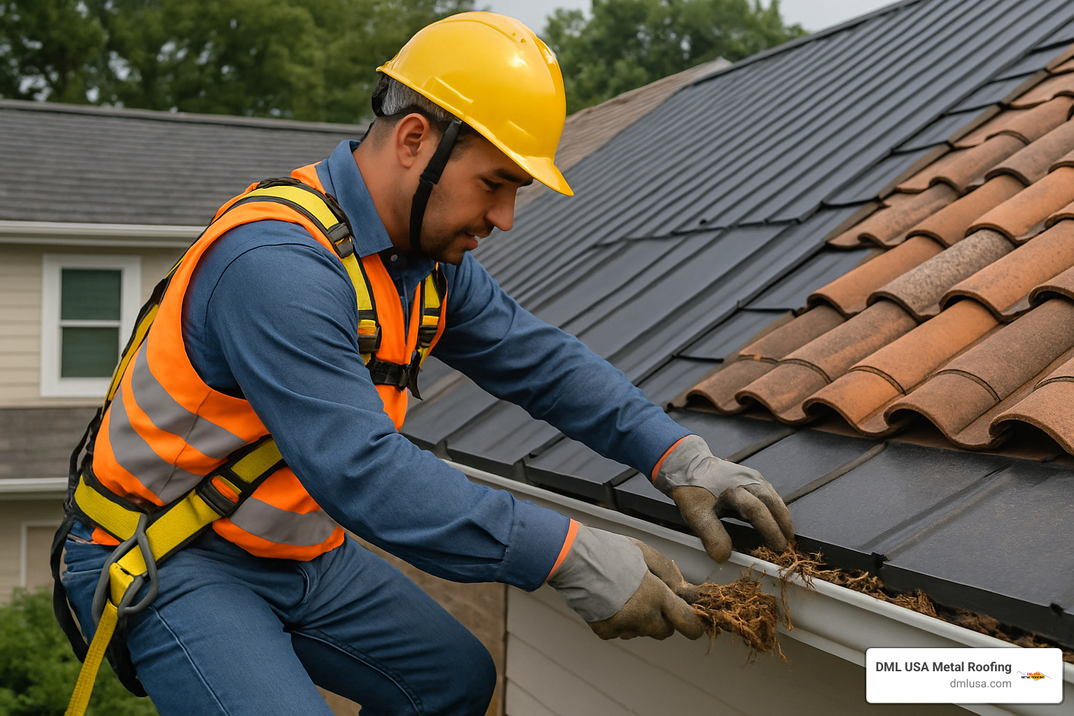 Professional roofer performing annual inspection, cleaning gutters, checking fasteners, and removing debris from various roofing materials - Long-lasting roofing options