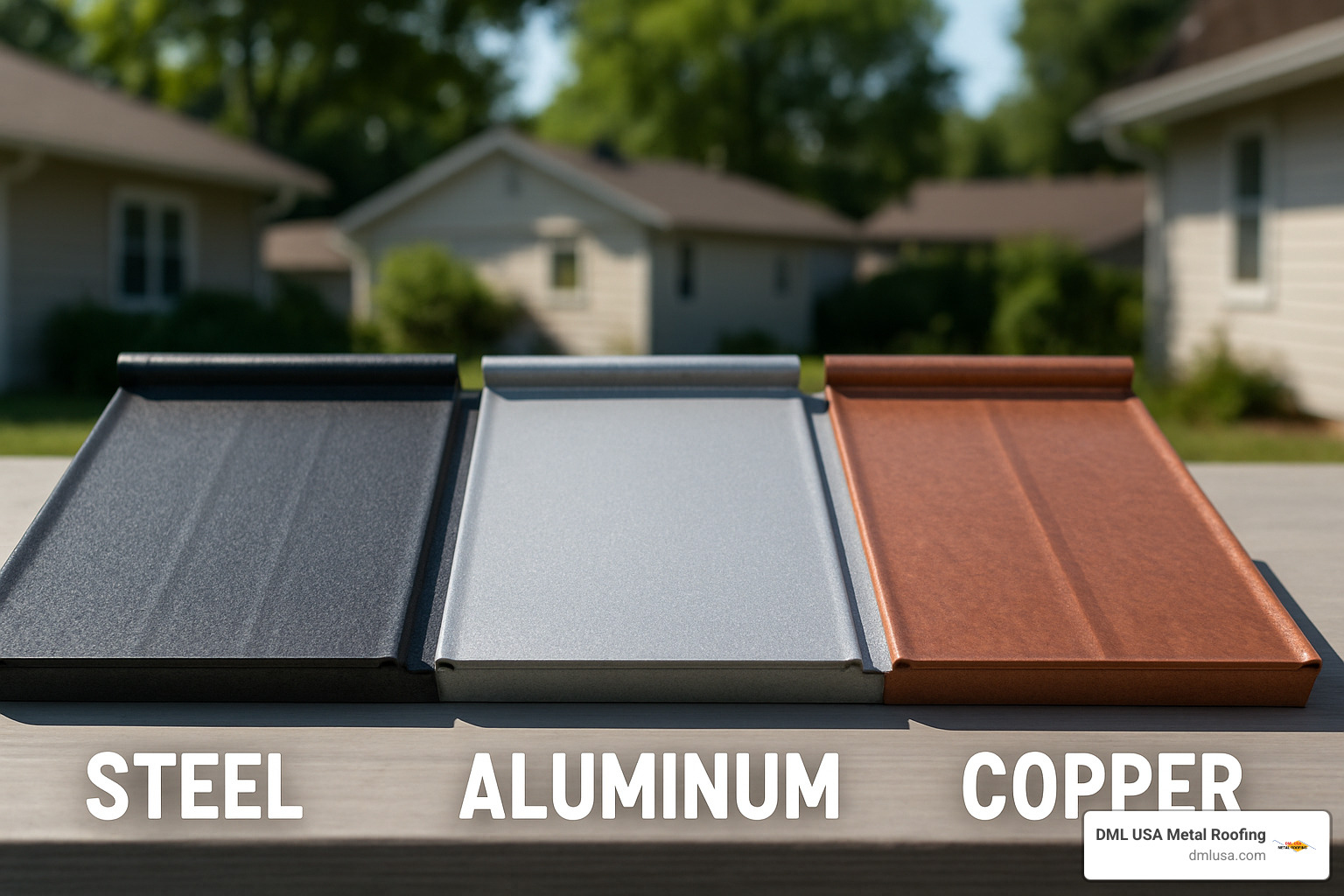 Comparison of different metal roofing materials including steel, aluminum, copper samples - steel roof cost